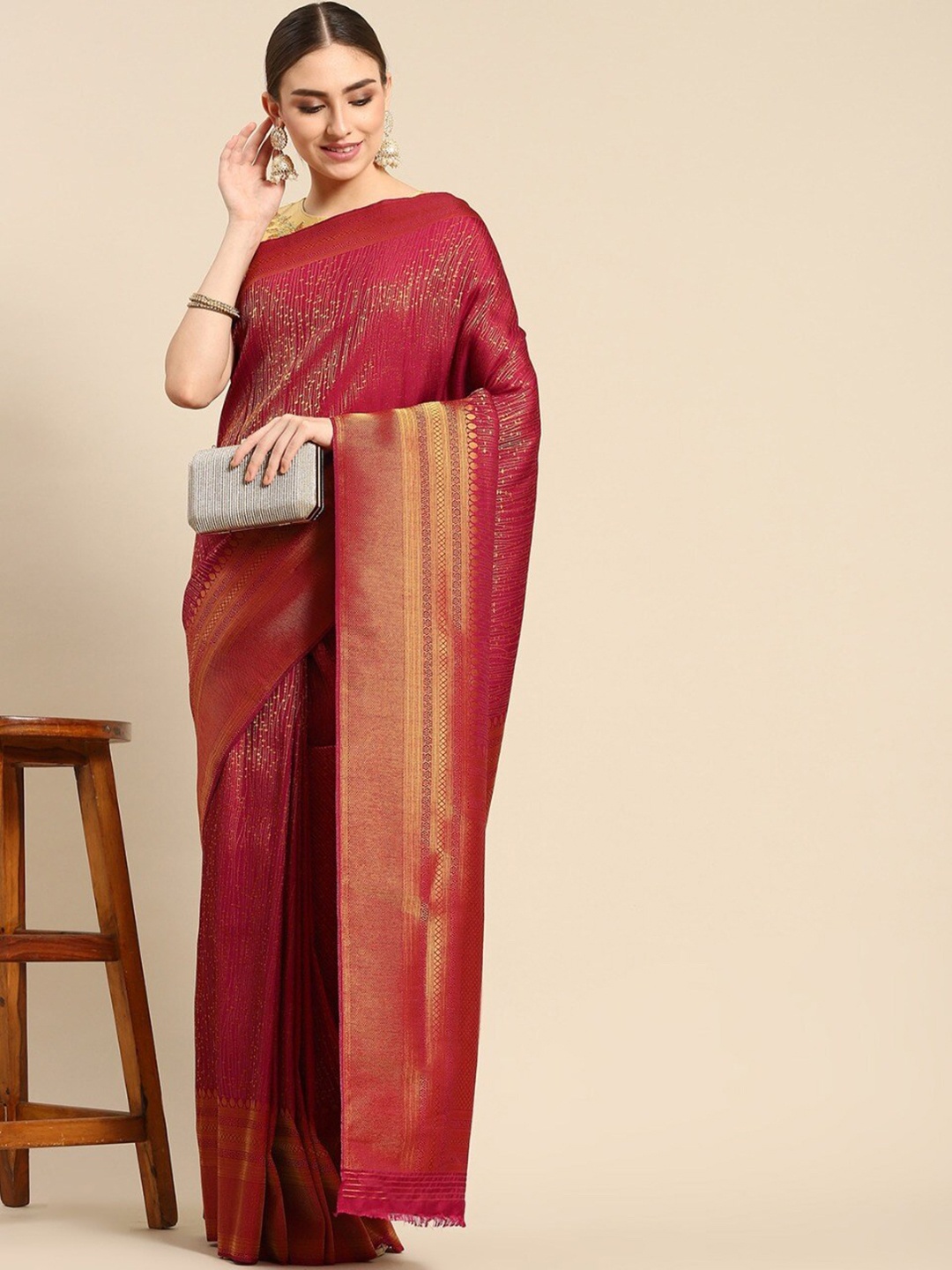 

Ishin Maroon & Gold-Toned Woven Design Zari Banarasi Saree