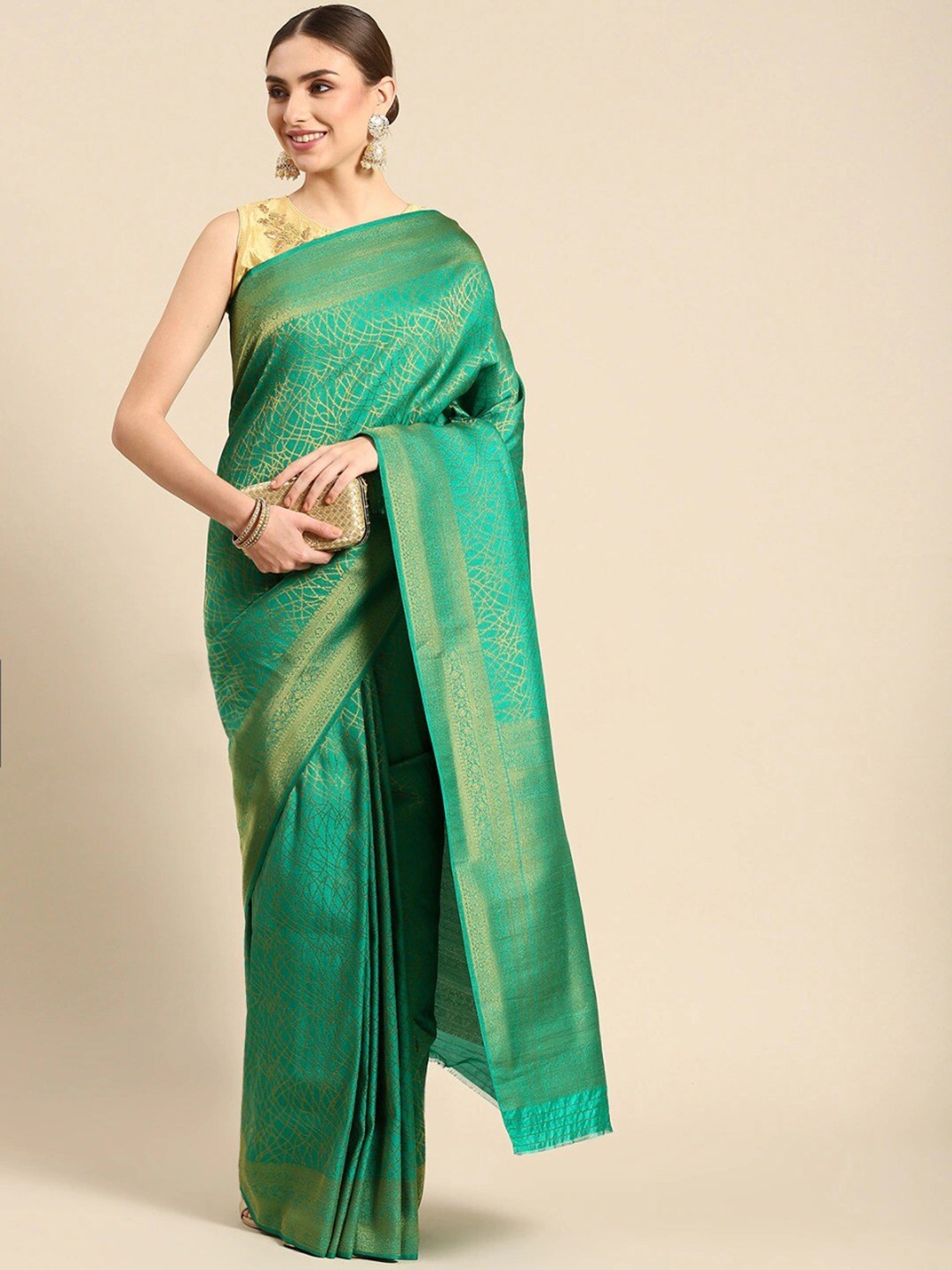 

Ishin Green & Gold-Toned Woven Design Zari Banarasi Saree