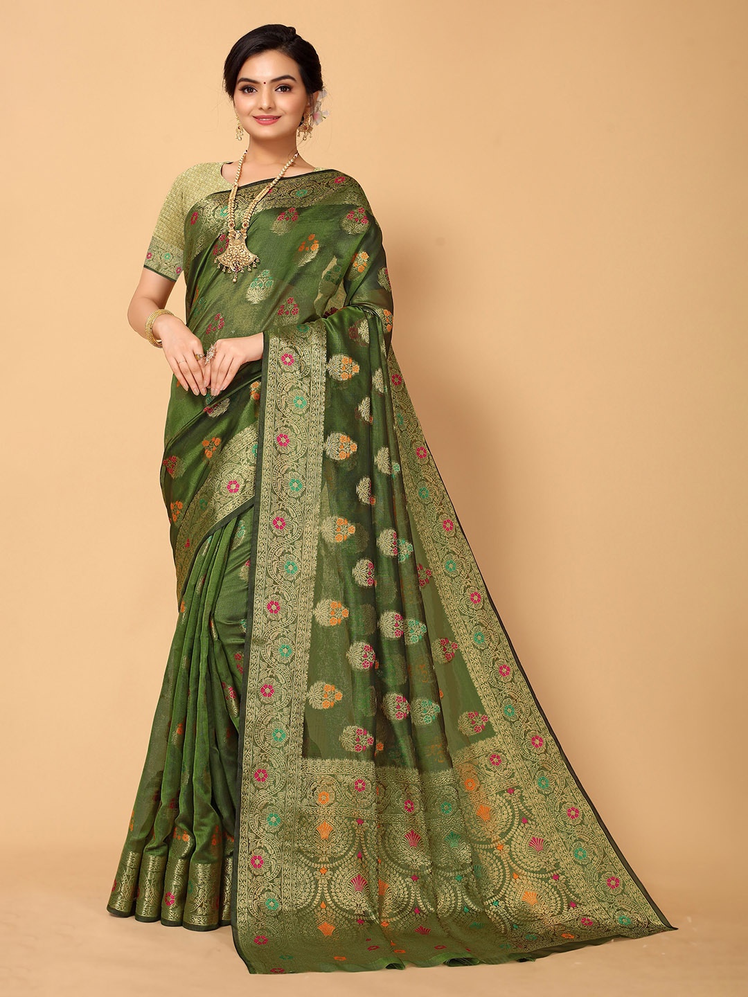 

Ishin Green & Gold-Toned Woven Design Zari Banarasi Saree