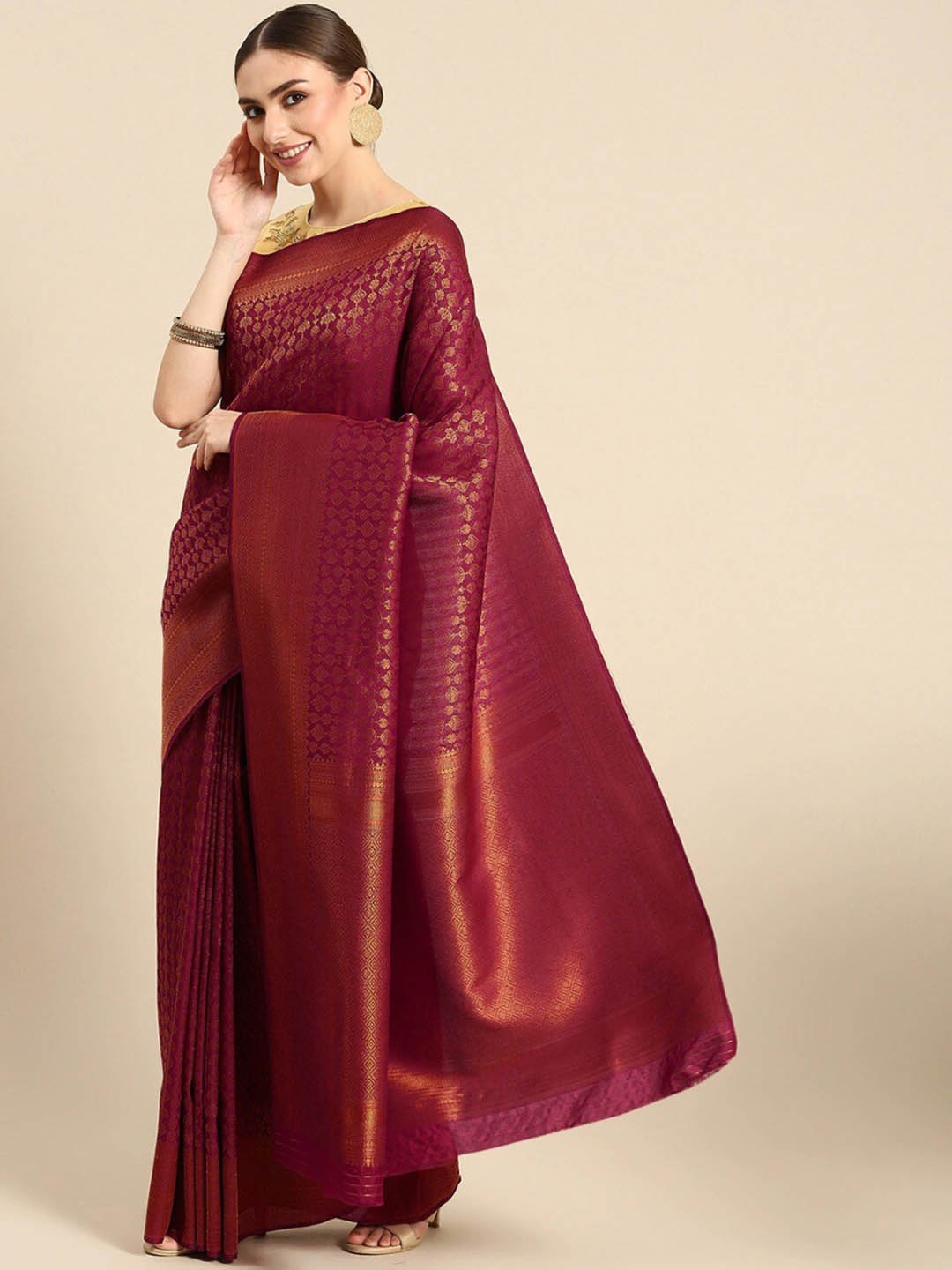 

Ishin Pink & Gold-Toned Woven Design Zari Banarasi Saree