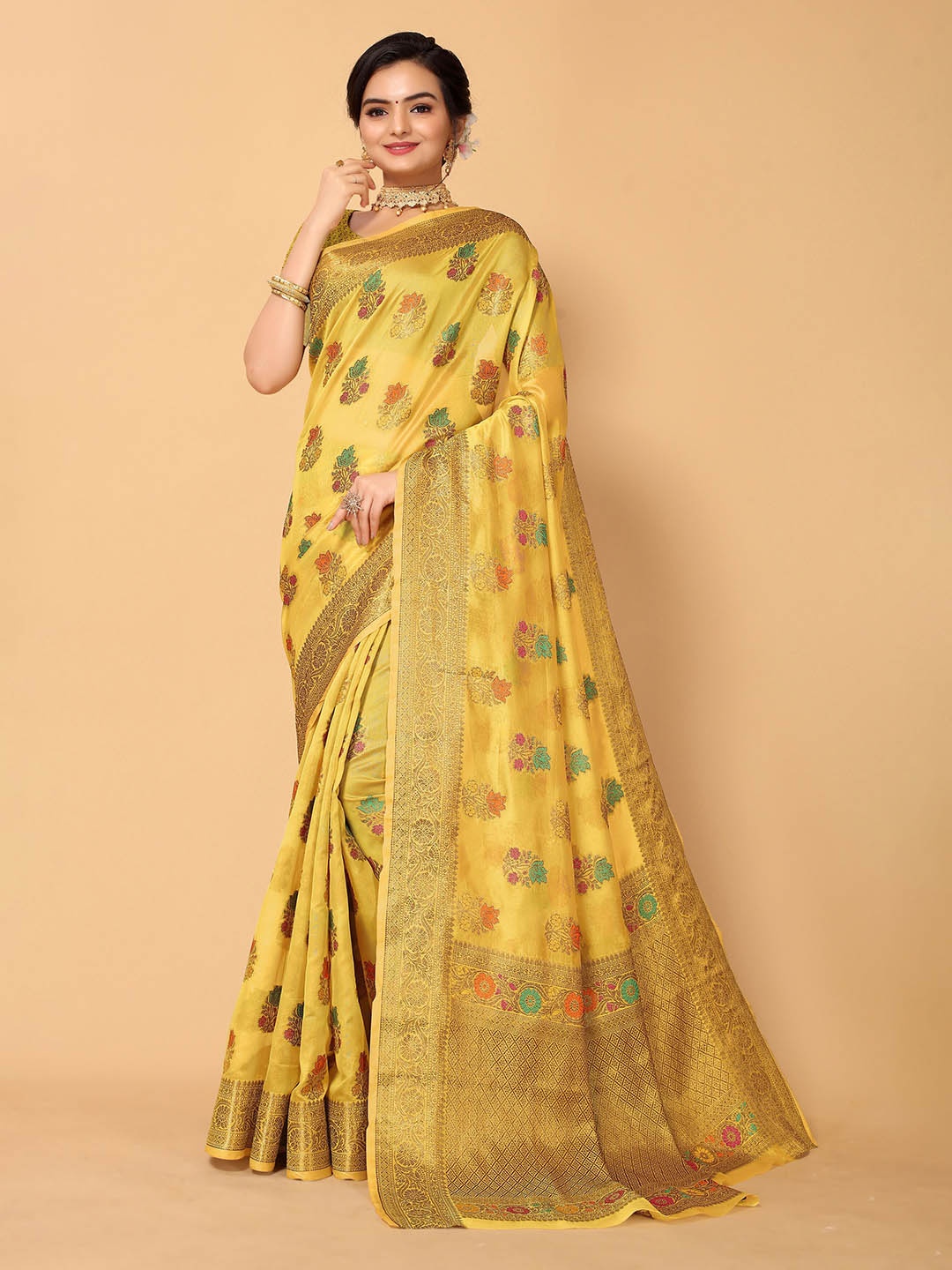 

Ishin Mustard & Green Woven Design Zari Banarasi Saree