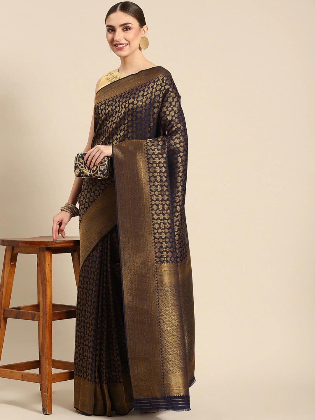 

Ishin Navy Blue & Gold-Toned Woven Design Zari Banarasi Saree