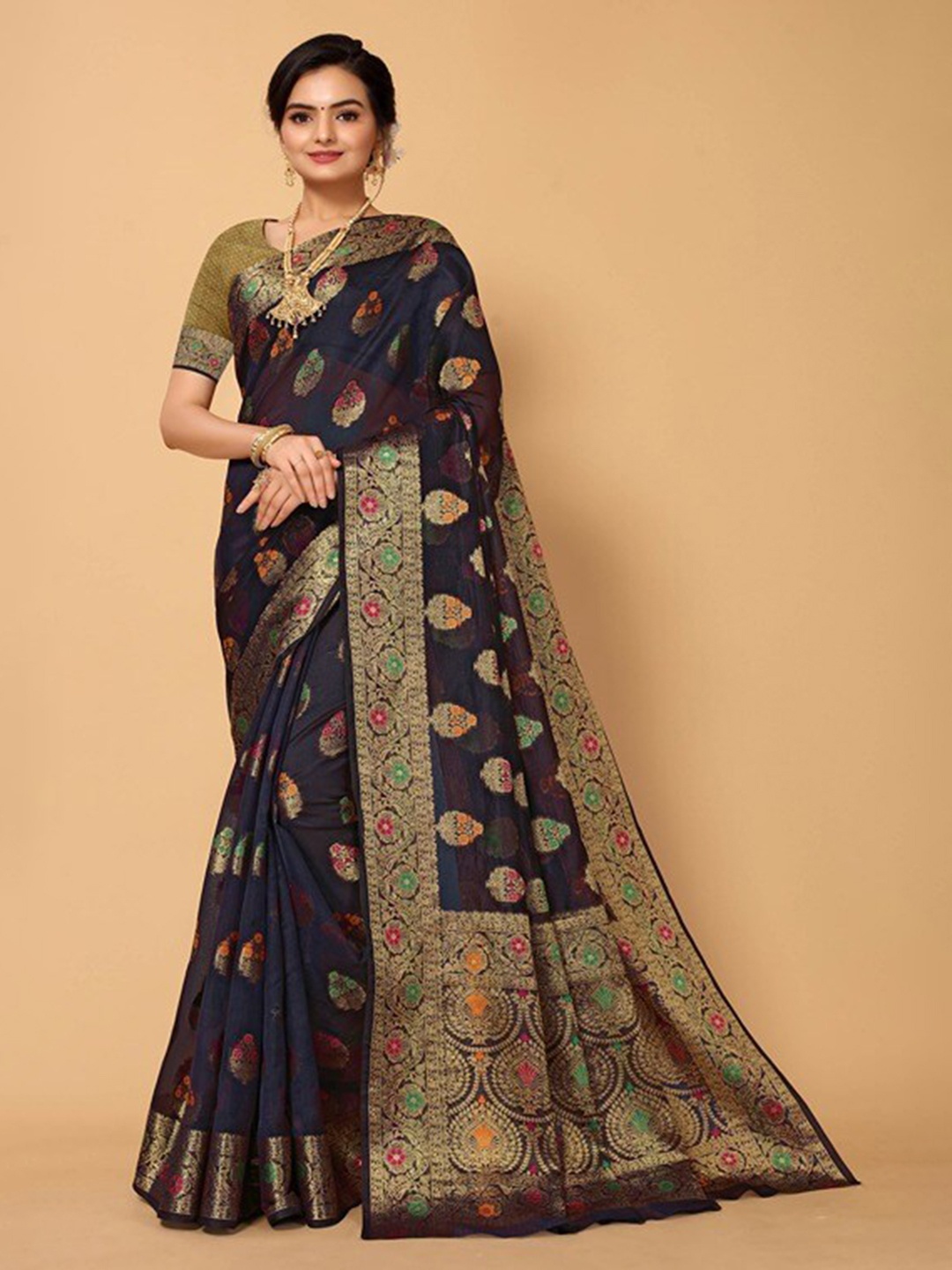 

Ishin Navy Blue Woven Design Zari Banarasi Saree