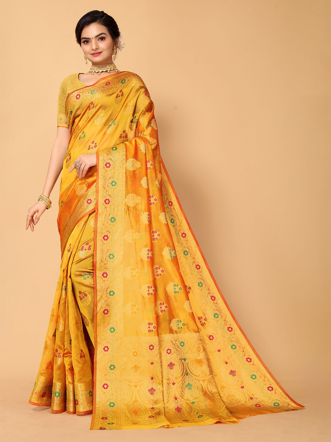 

Ishin Orange & Pink Ethnic Motifs Woven Design Zari organza Banarasi Saree