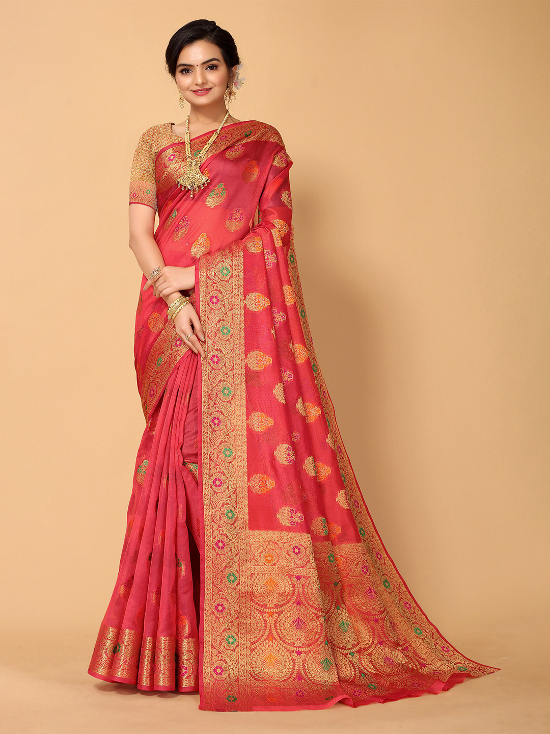 

Ishin Red & Green Ethnic Motifs Woven Design Zari organza Banarasi Saree