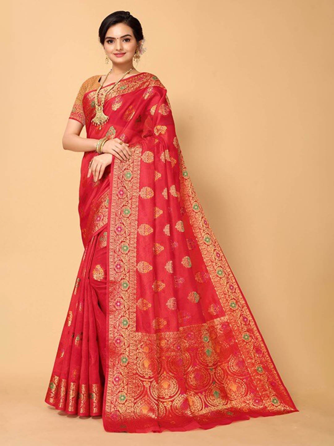 

Ishin Red & Gold-Toned Ethnic Motifs Woven Design Zari organza Banarasi Saree