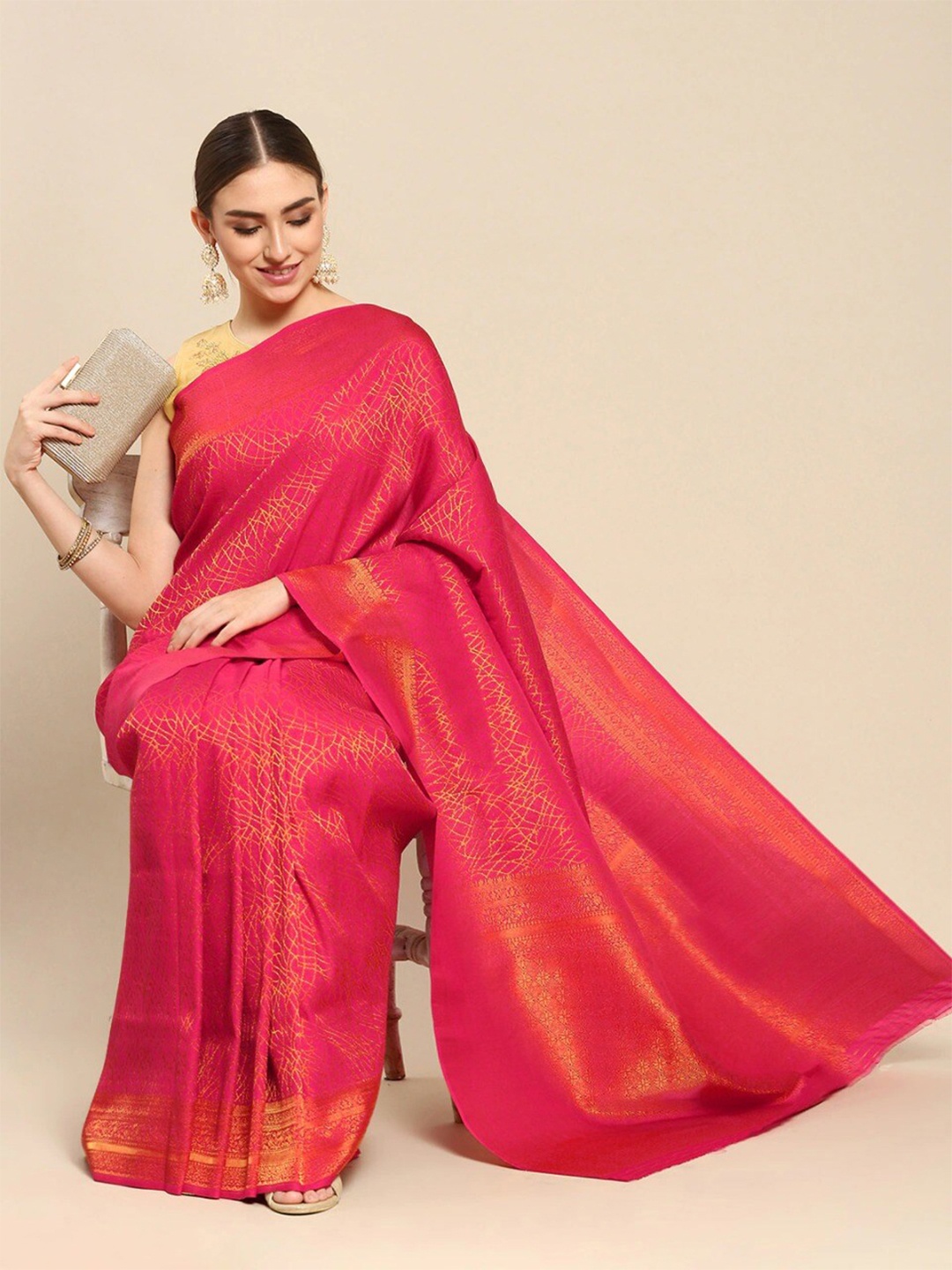 

Ishin Pink & Gold-Toned Woven Design Zari Banarasi Saree