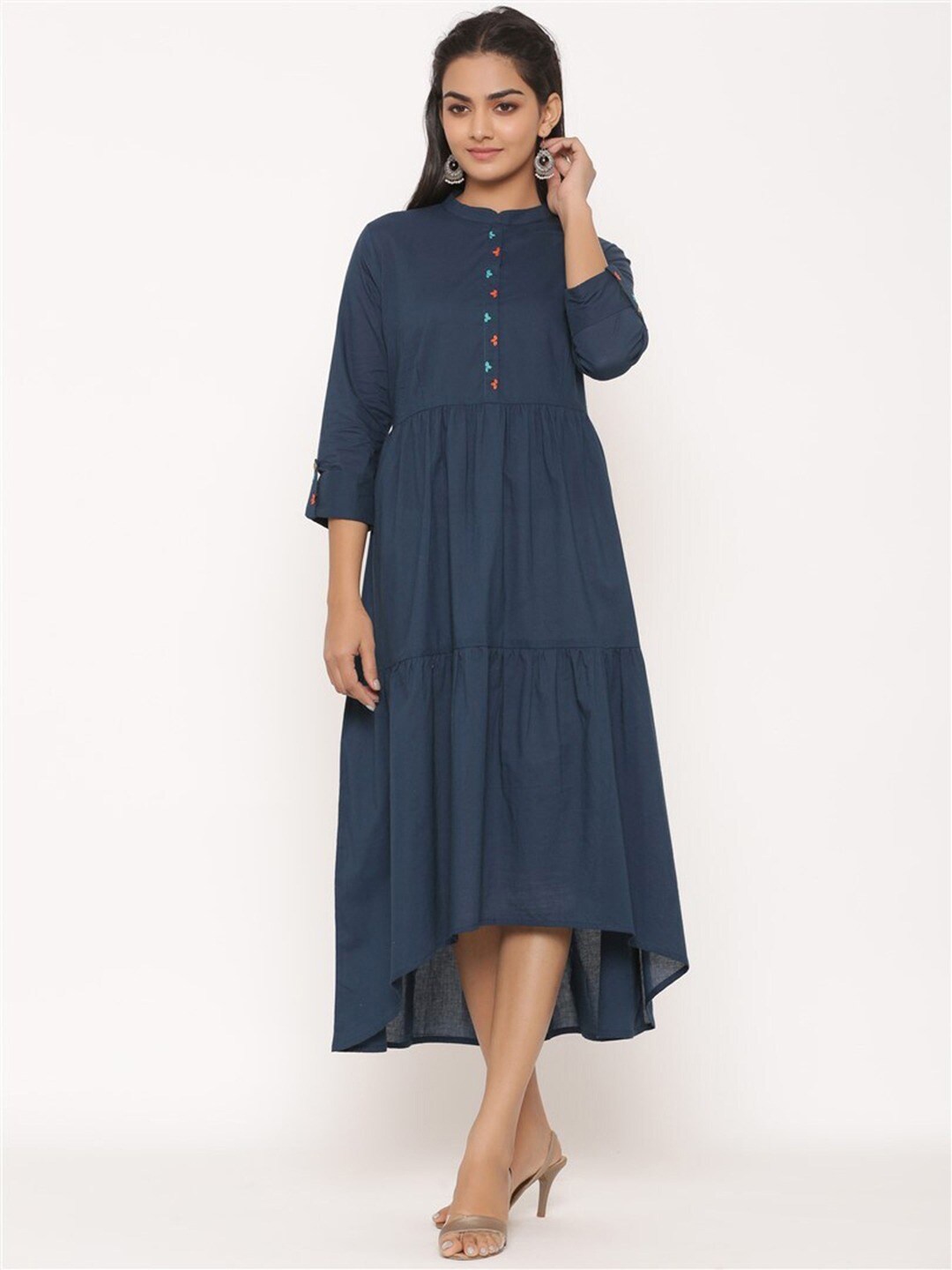 

SUTI Mandarin Collar Cotton Fit & Flare Midi Ethnic Dress, Blue