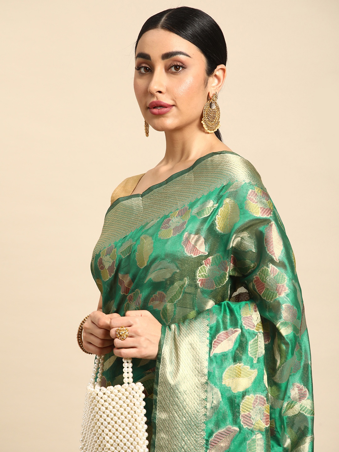 

Mitera Floral Zari Organza Kanjeevaram Saree, Teal