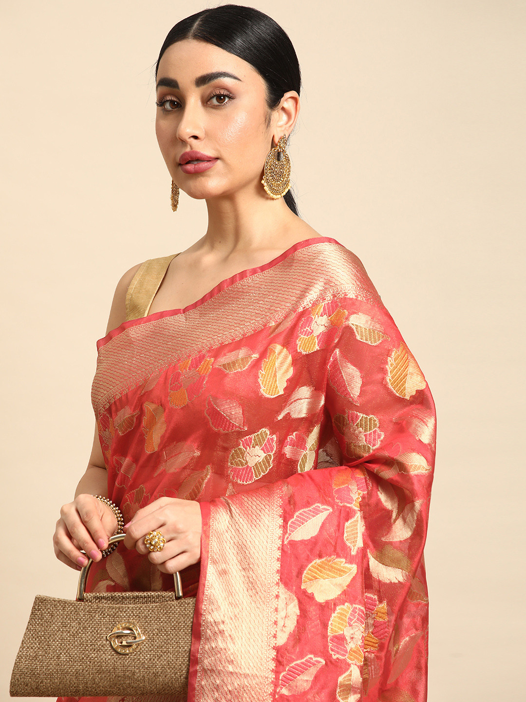 

Mitera Floral Zari Organza Kanjeevaram Saree, Red