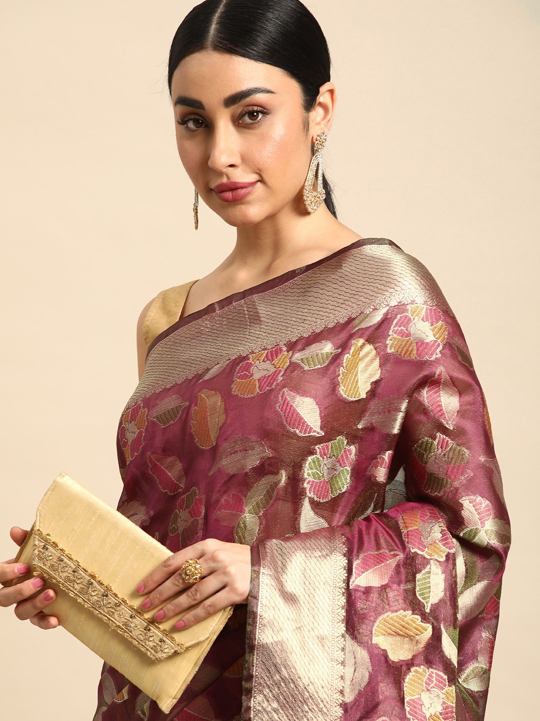 

Mitera Floral Woven Design Zari Organza Kanjeevaram Saree, Pink