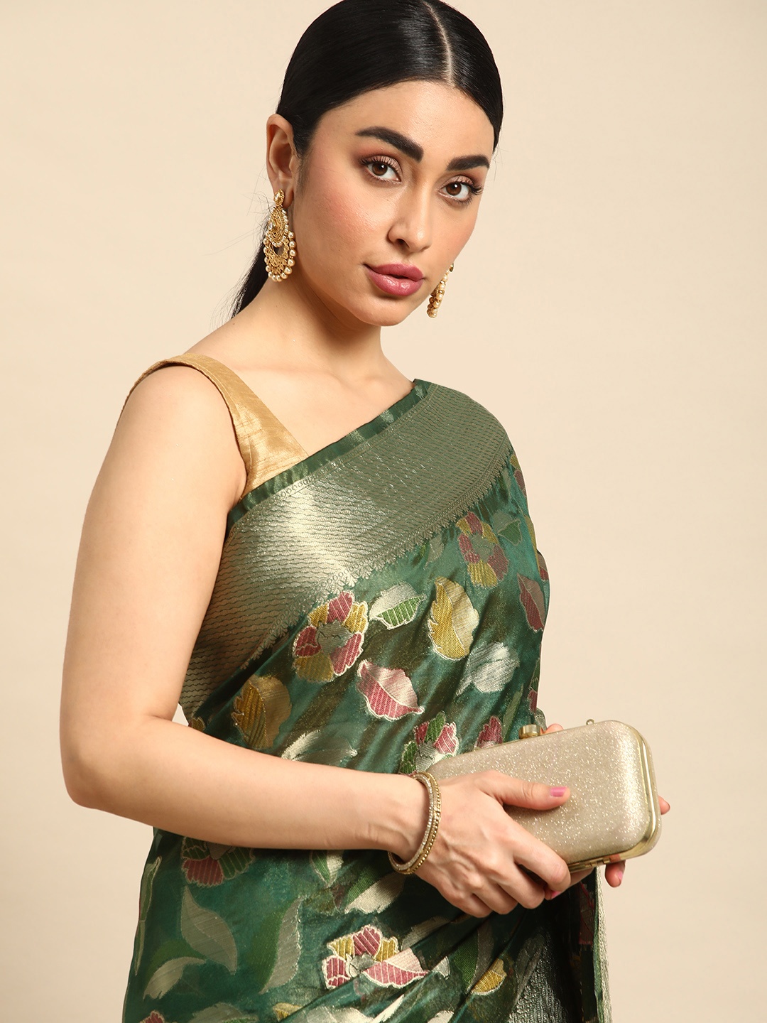 

Mitera Floral Woven Design Zari Organza Kanjeevaram Saree, Green