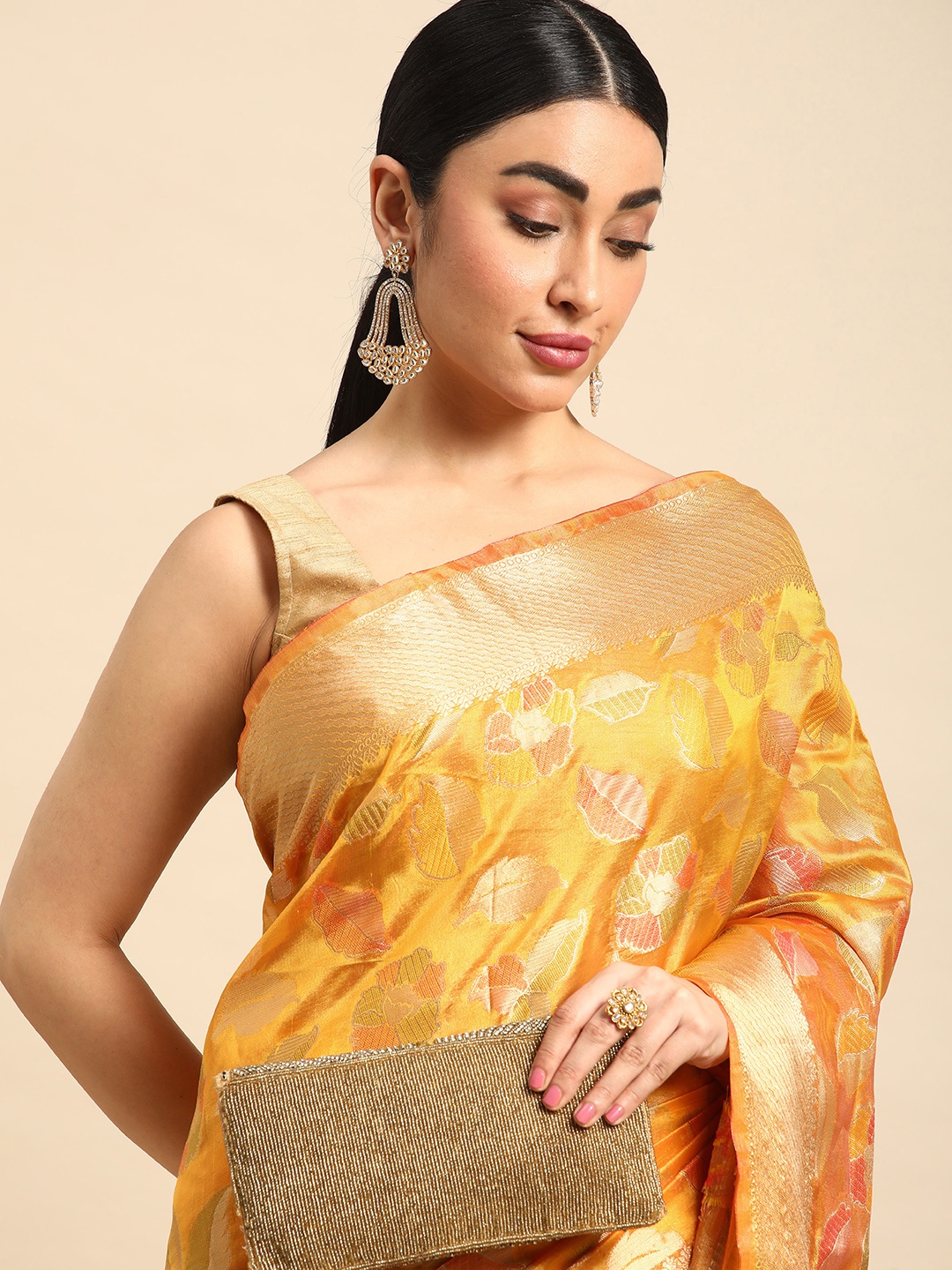 

Mitera Floral Woven Design Zari Organza Kanjeevaram Saree, Yellow