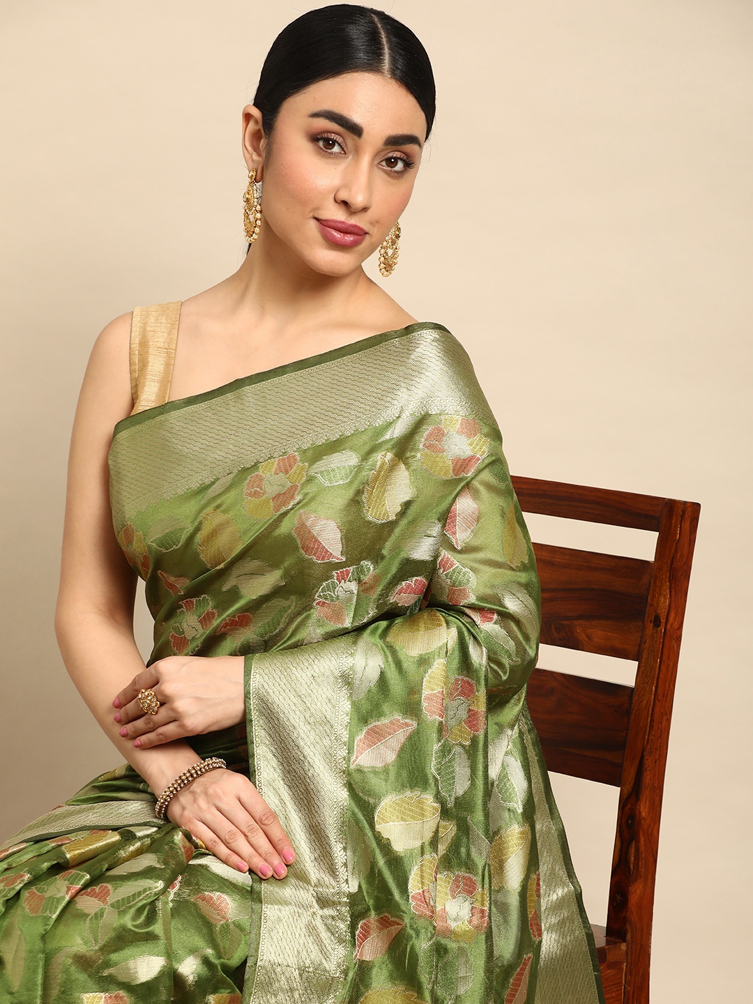 

Mitera Floral Woven Design Zari Organza Kanjeevaram Saree, Green