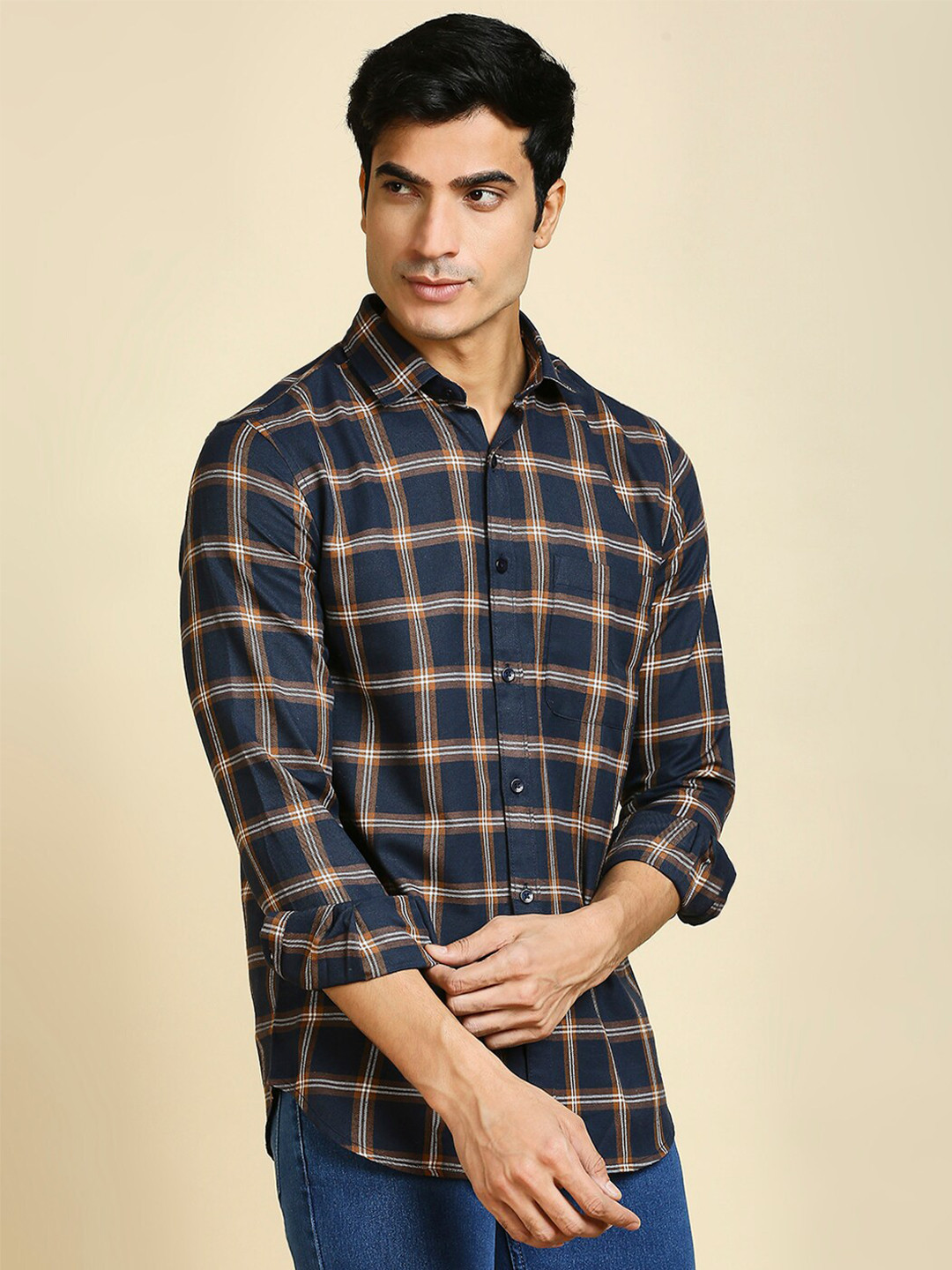 

encore by INVICTUS Classic Slim Fit Tartan Checks Spread Collar Casual Shirt, Brown