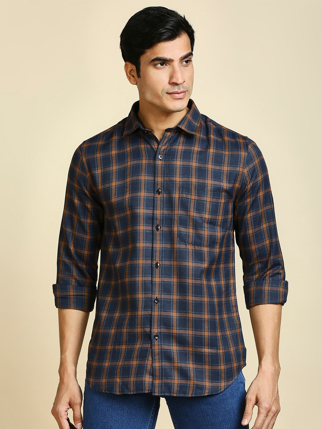 

encore by INVICTUS Classic Slim Fit Buffalo Checks Spread Collar Casual Shirt, Rust