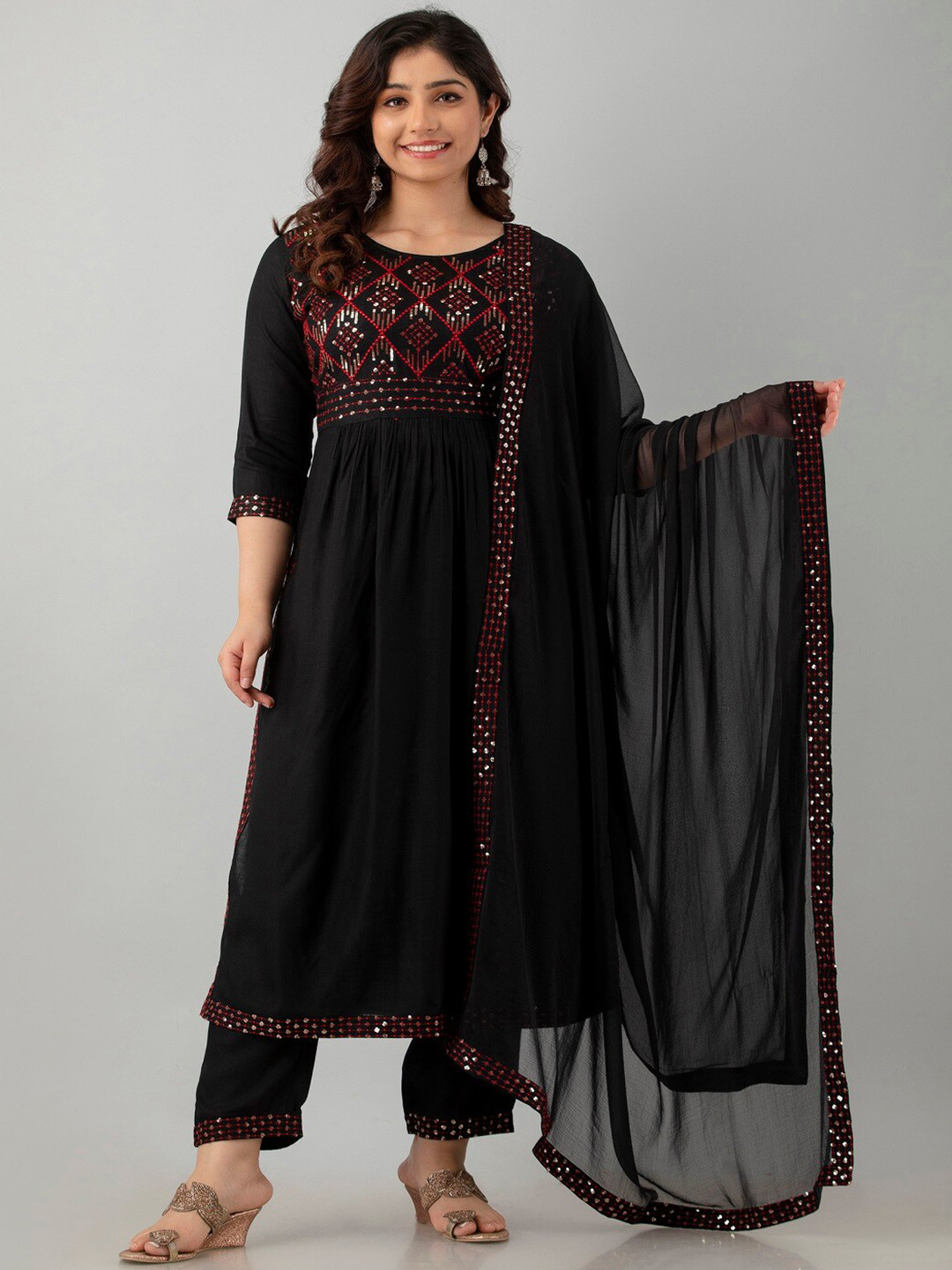 

CKM Embroidered Empire Sequinned Kurta With Trousers & Dupatta, Black