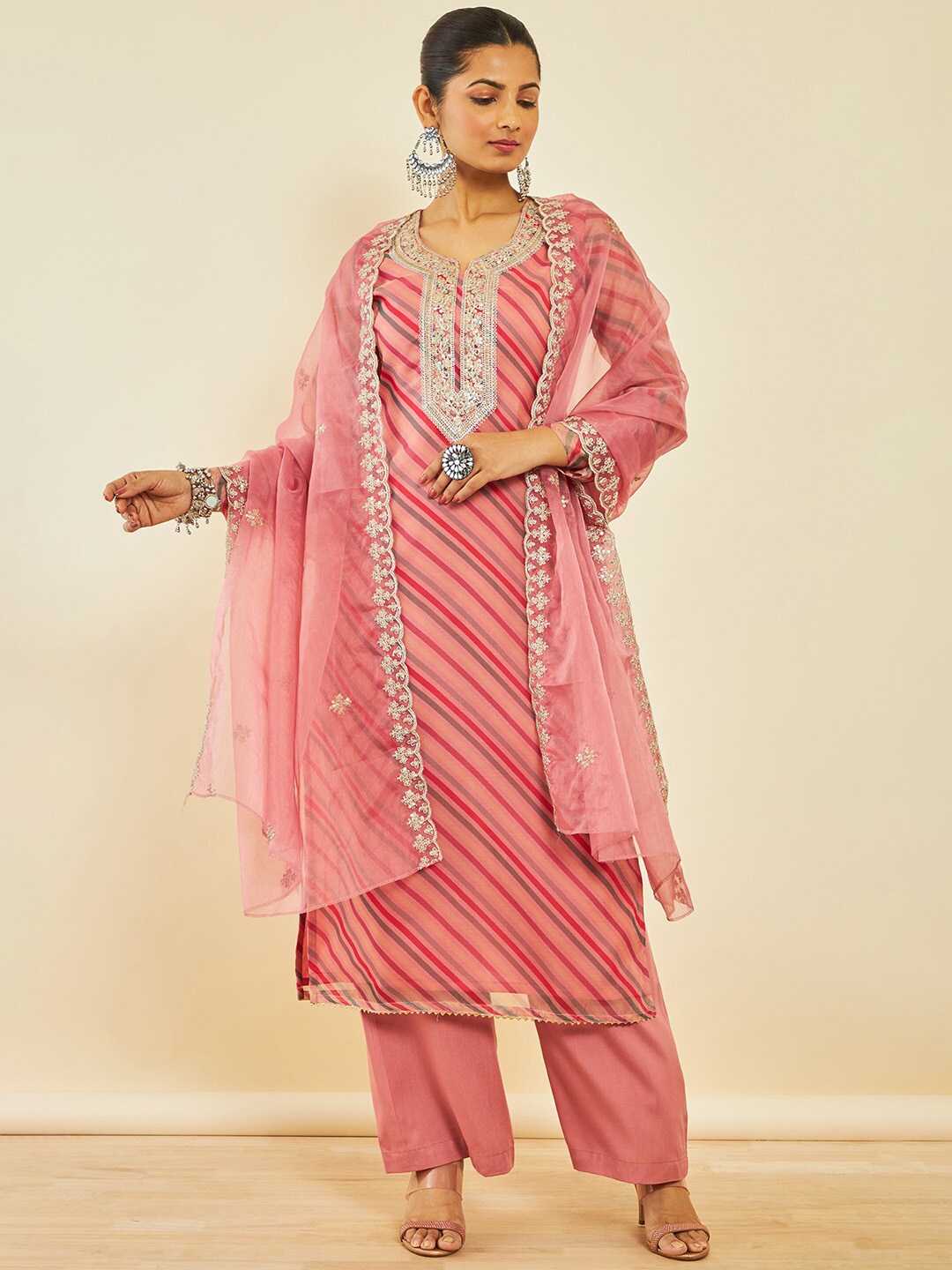 

Soch Striped Sequinned Organza Unstitched Dress Material, Peach