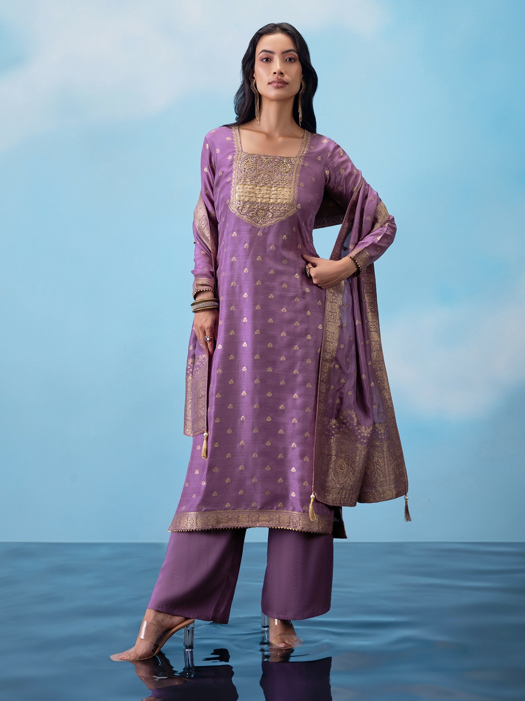 

Soch Ethnic Motifs Embroidered Zari Unstitched Dress Material, Purple