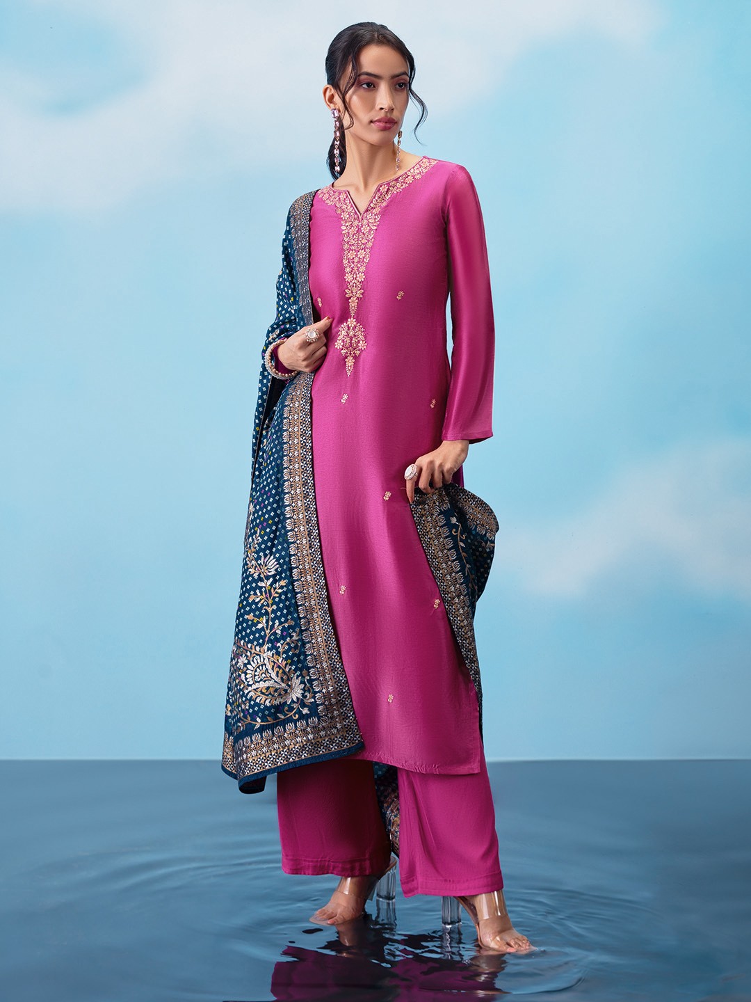

Soch Floral Embroidered Zari Unstitched Dress Material, Pink