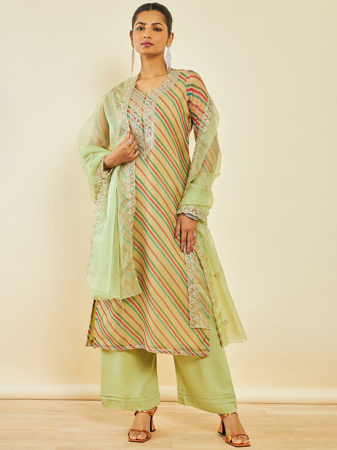 

Soch Striped Organza Unstitched Dress Material, Green