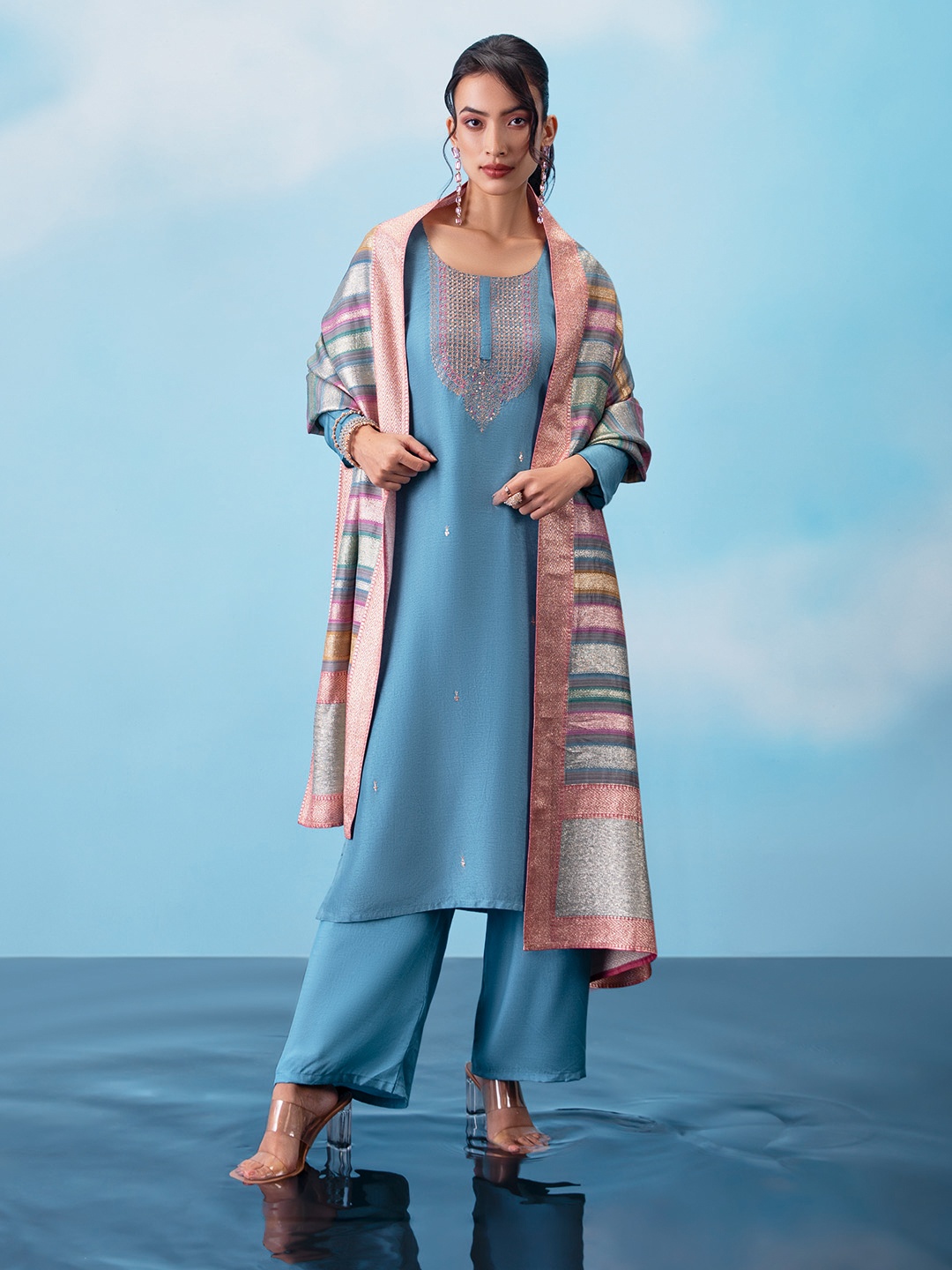 

Soch Floral Embroidered Sequinned Unstitched Dress Material, Blue