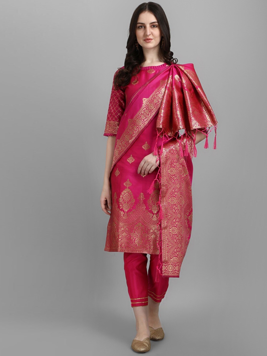 

VAANI CREATION Ethnic Motif Woven Design Regular Cotton Silk Kurta With Trousers & Dupatta, Pink