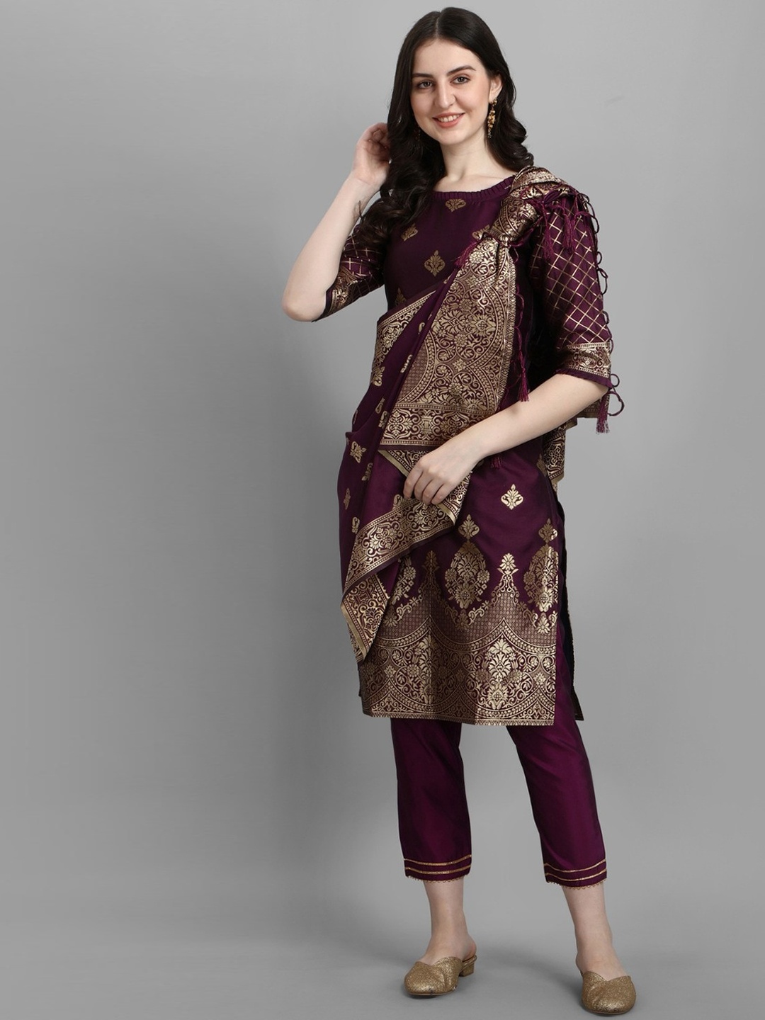 

VAANI CREATION Ethnic Motif Woven Design Regular Cotton Silk Kurta With Trousers & Dupatta, Purple