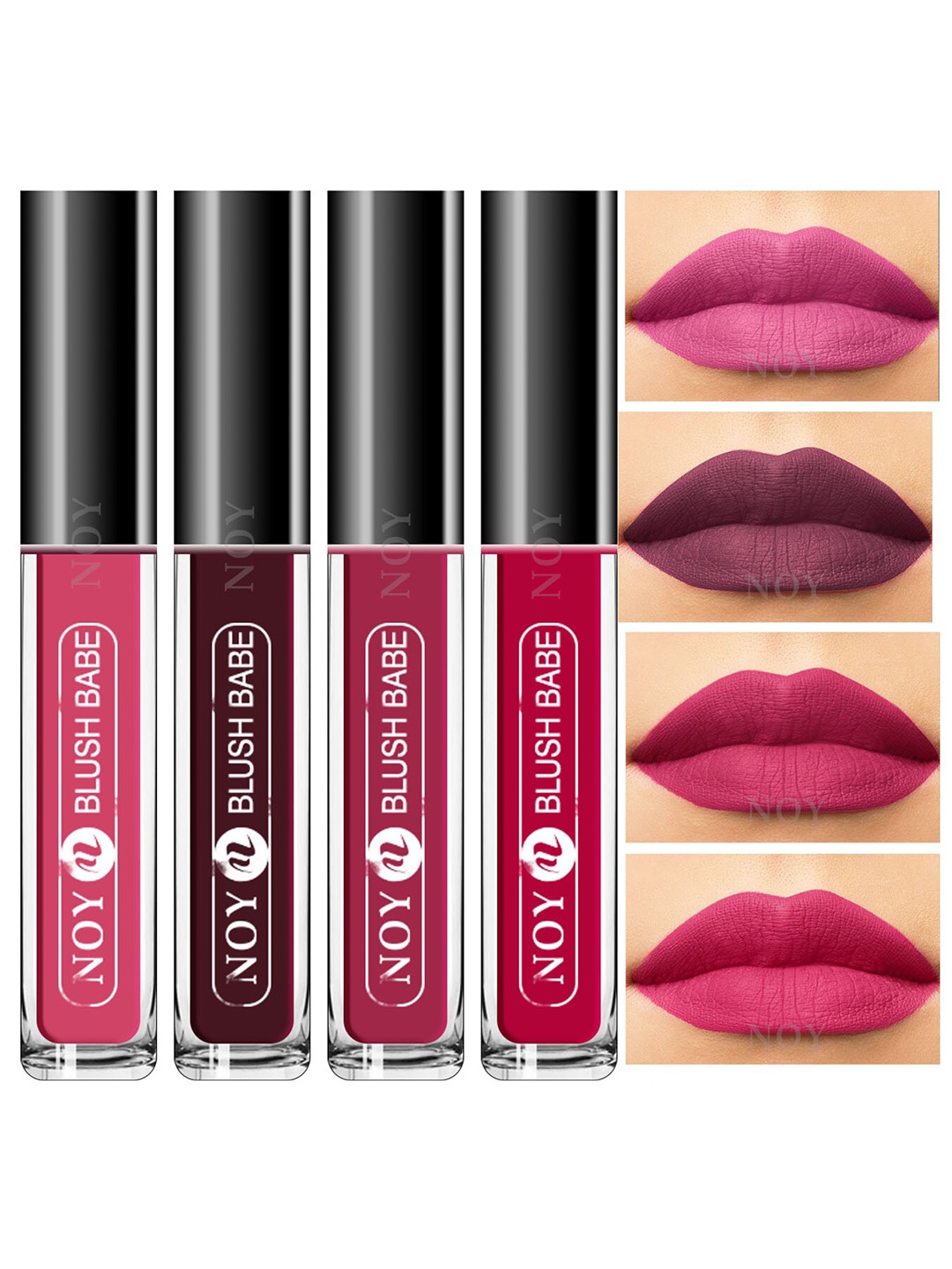 

NOY Set Of 4 Blush Babe Waterproof Liquid Matte Lipsticks 4ml Each- Shades 02+ 05+ 06+ 08, Purple