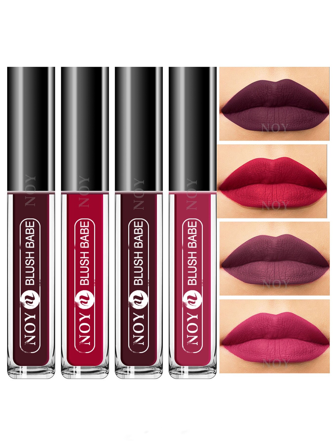 

NOY Set Of 4 Blush Babe Waterproof Liquid Matte Lipsticks 4ml Each- Shades 01+ 03+ 05+ 06, Purple