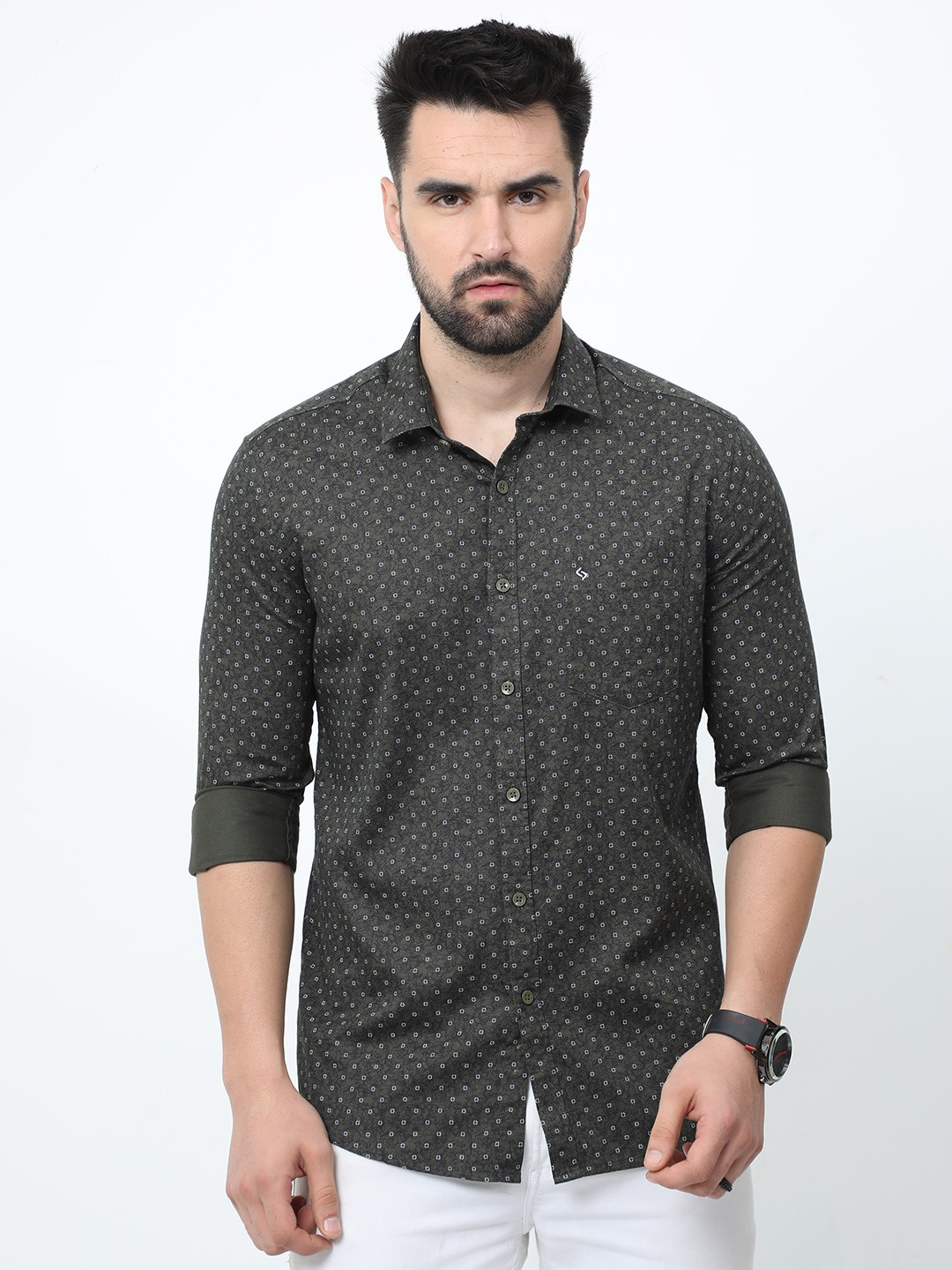

Classic Polo India Slim Slim Fit Geometric Printed Cotton Casual Shirt, Green