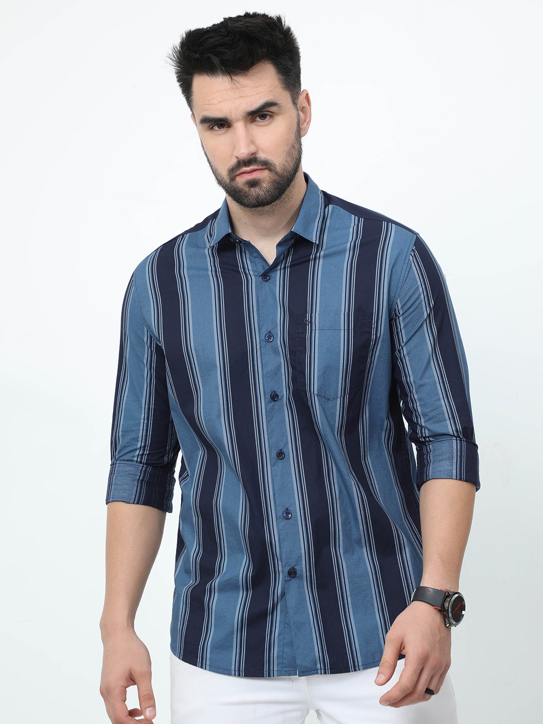 

Classic Polo India Slim Slim Fit Striped Cotton Casual Shirt, Blue