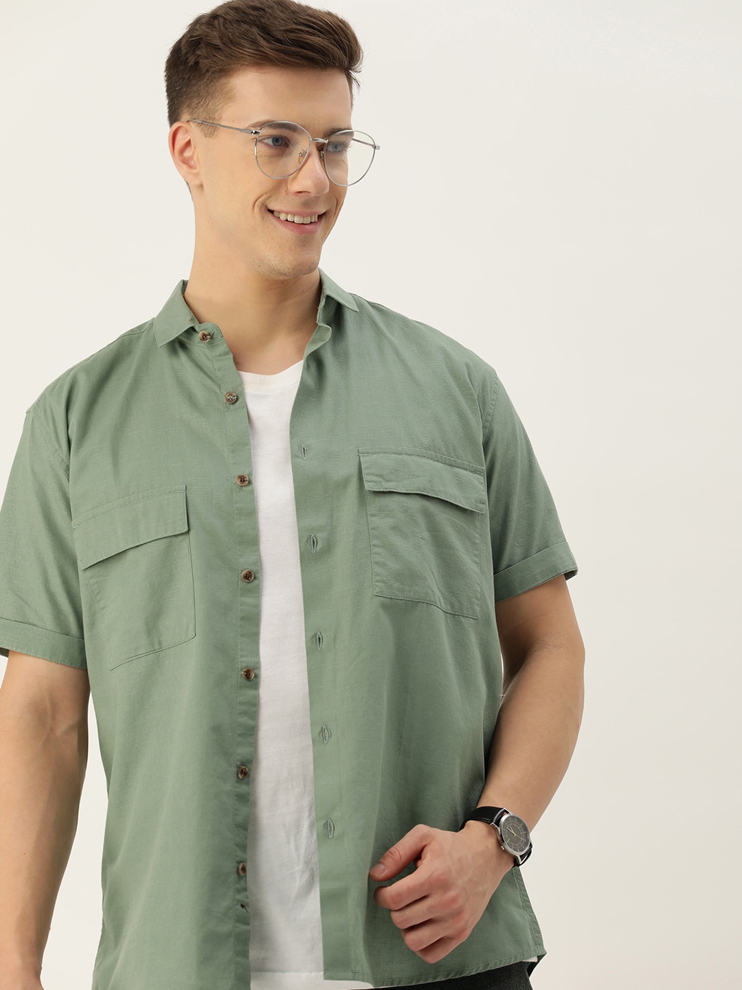 

Mast & Harbour Men Slim Fit Opaque Cotton-Linen Casual Shirt, Green