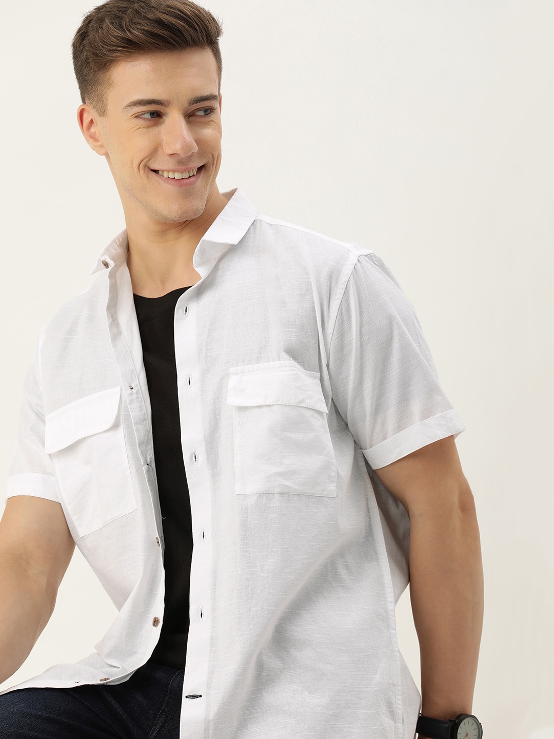 

Mast & Harbour Men Slim Fit Opaque Cotton-Linen Casual Shirt, White