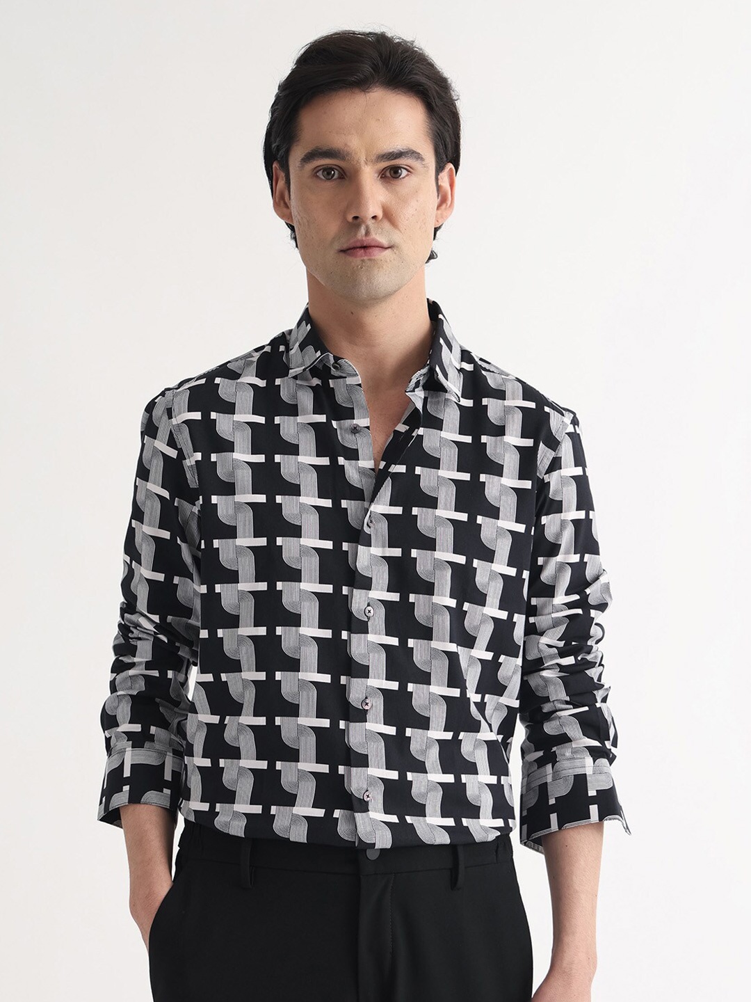 

RARE RABBIT Men Alava Geometric Printed Slim Fit Cotton Shirt, Black