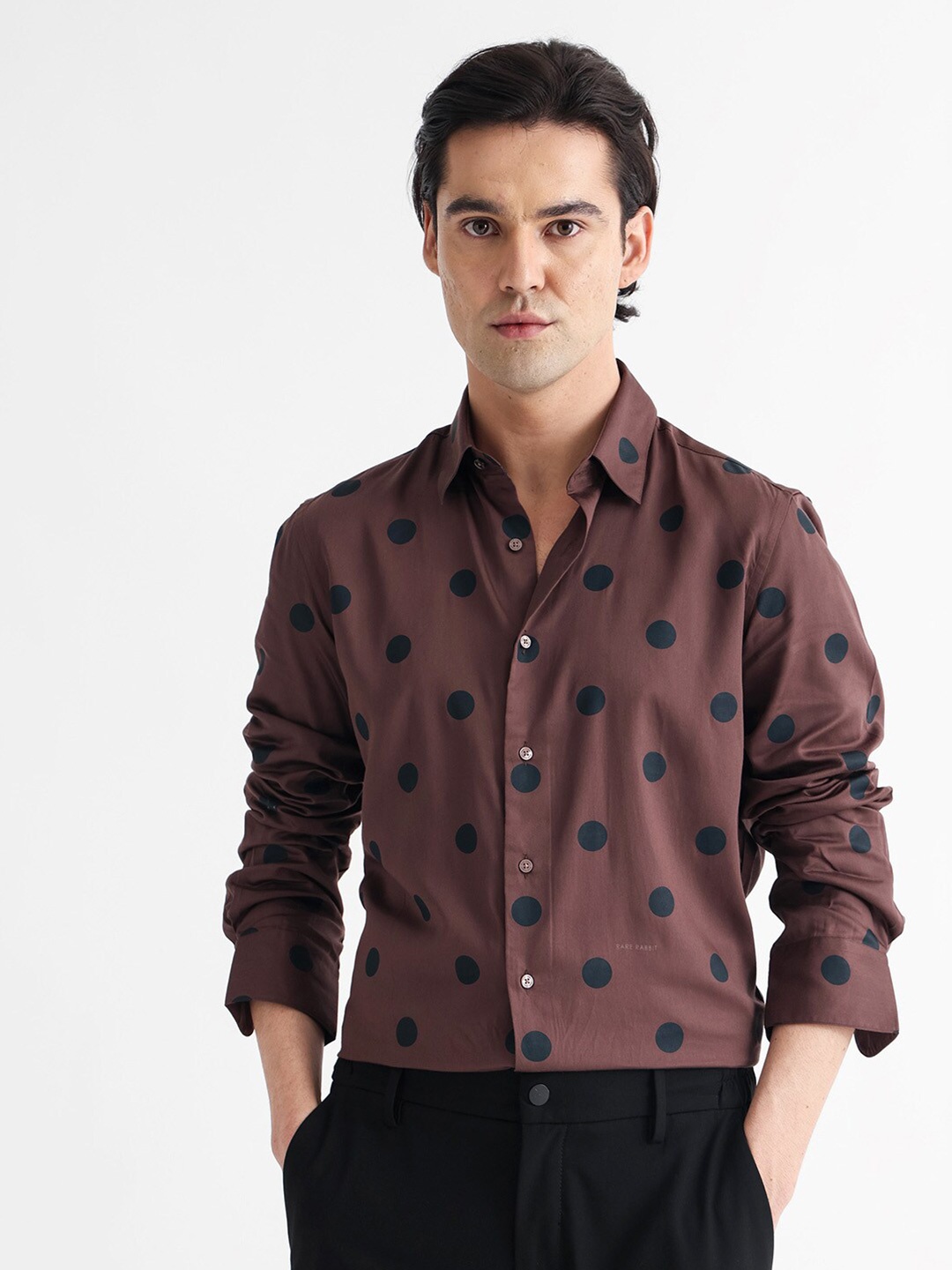 

RARE RABBIT Men Dare Polka Dots Printed Slim Fit Cotton Shirt, Brown