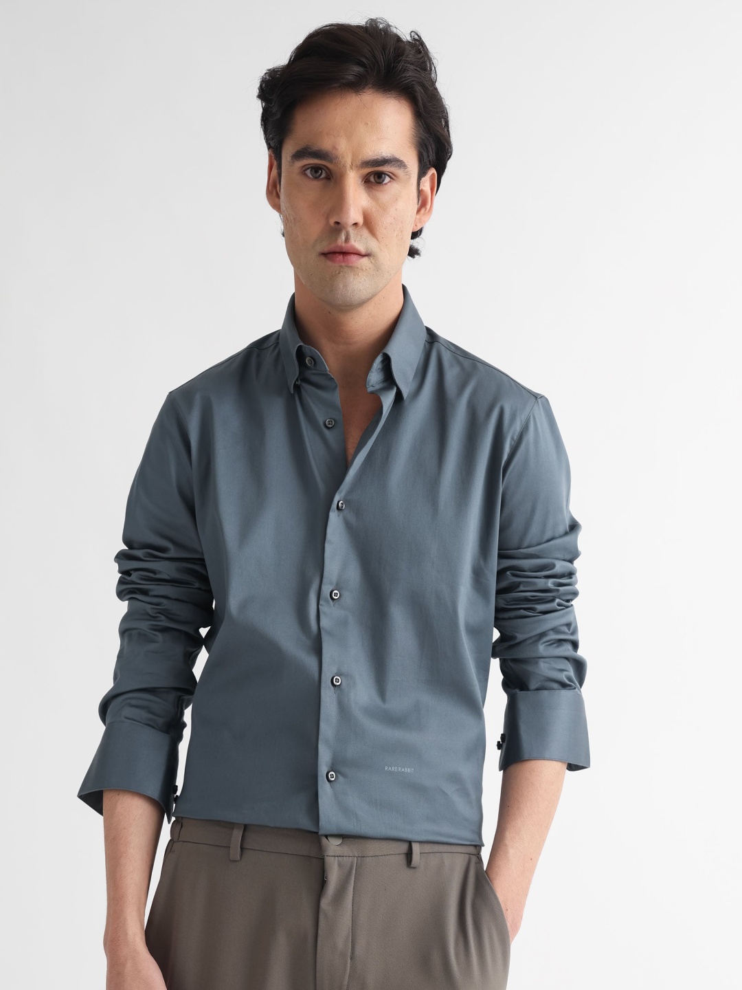 

RARE RABBIT Men Comor Spread Collar Slim Fit Cotton Shirt, Grey