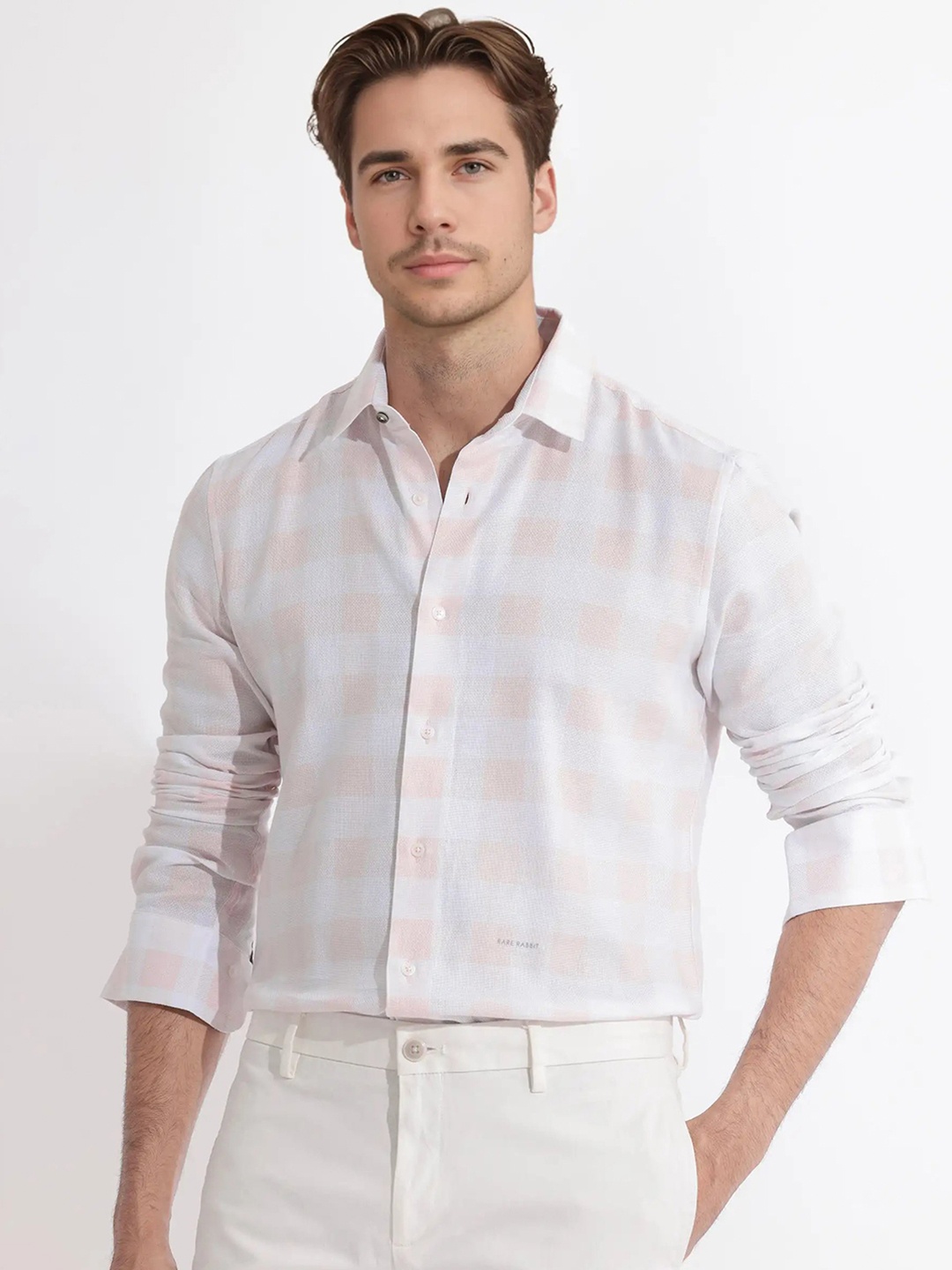 

RARE RABBIT Men Munich Checked Slim Fit Cotton Shirt, Pink