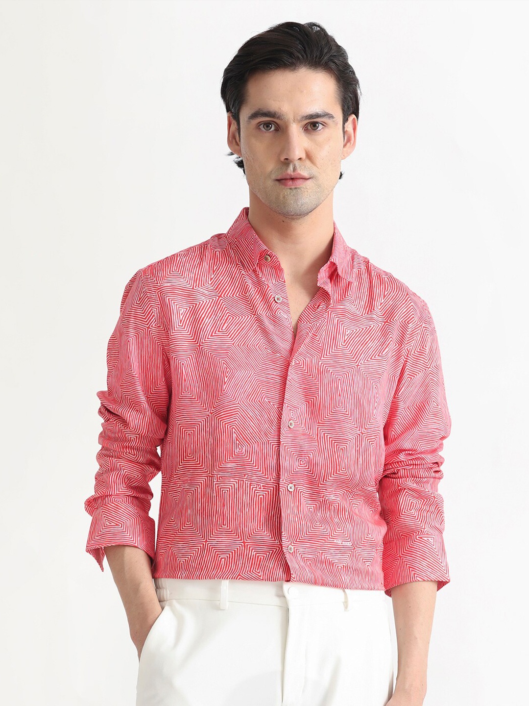 

RARE RABBIT Men Orlean Abstract Printed Slim Fit Shirt, Red