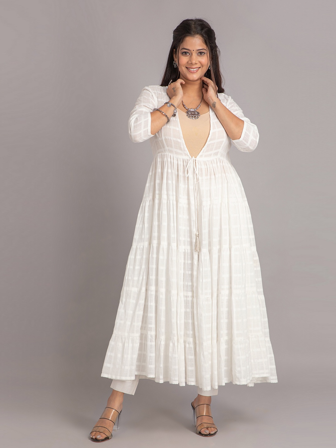 

SUTI Self Design Tie-Up Tiered Longline Cotton Shrug, Off white