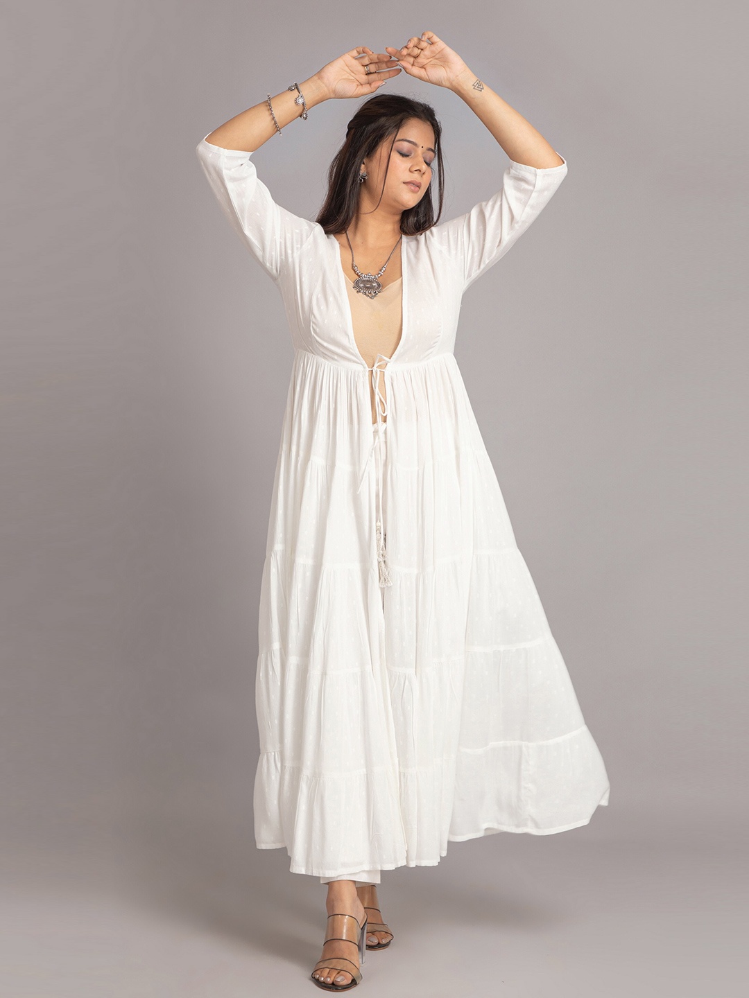 

SUTI Self Design Tie-Up Tiered Longline Cotton Shrug, Off white