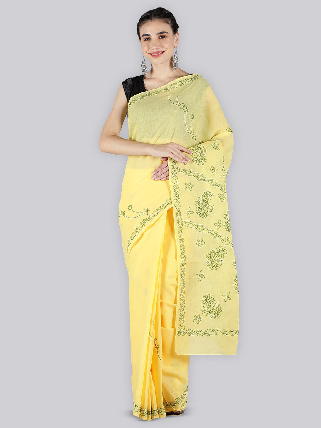 

Seva Chikan Ethnic Motifs Embroidered Chikankari Saree, Yellow