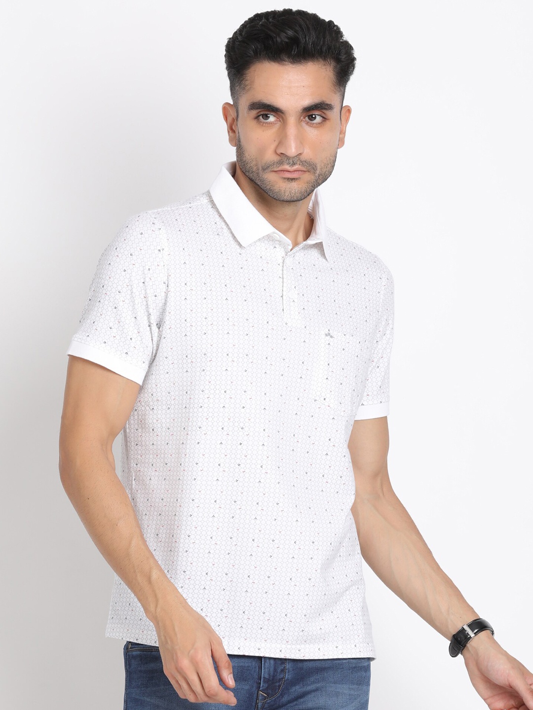 

Turtle Geometric Printed Polo Collar Slim Fit Cotton T-shirt, White