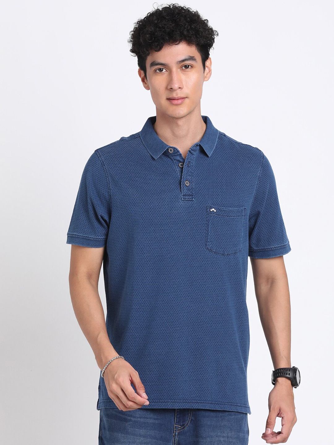 

Turtle Geometric Printed Polo Collar Slim Fit Pure Cotton T-shirt, Navy blue