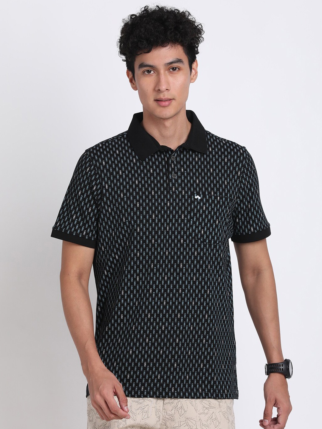 

Turtle Geometric Printed Polo Collar Slim Fit Cotton T-shirt, Black