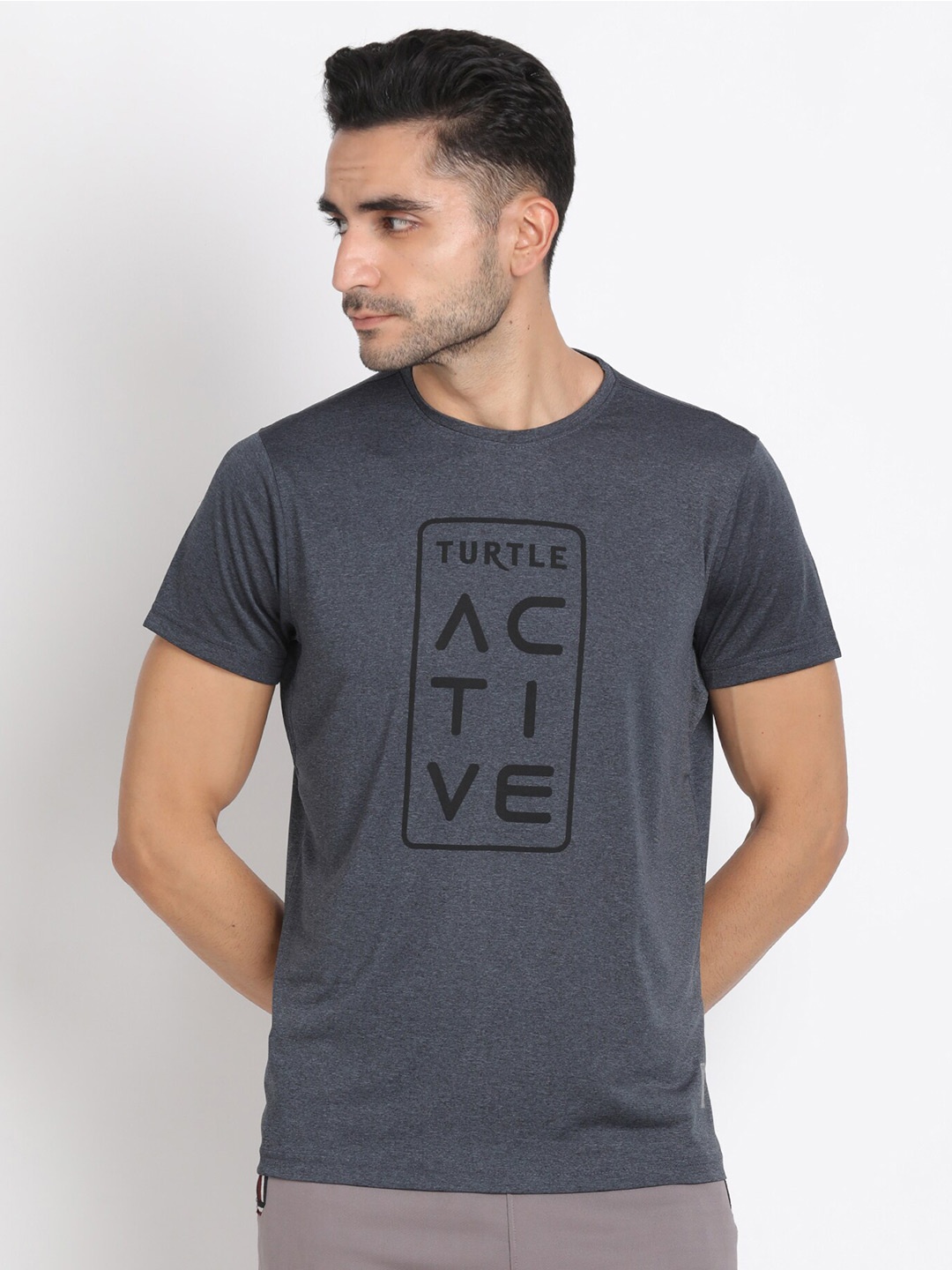 

Turtle Typography Printed Slim Fit Knitted Sports T-shirt, Charcoal