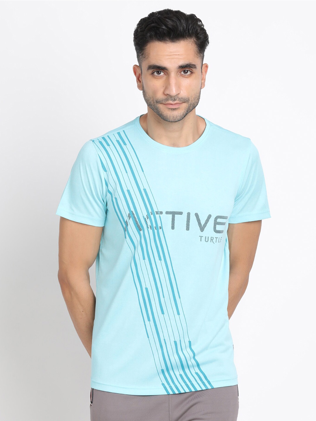 

Turtle Typography Printed Slim Fit Knitted Sports T-shirt, Sea green