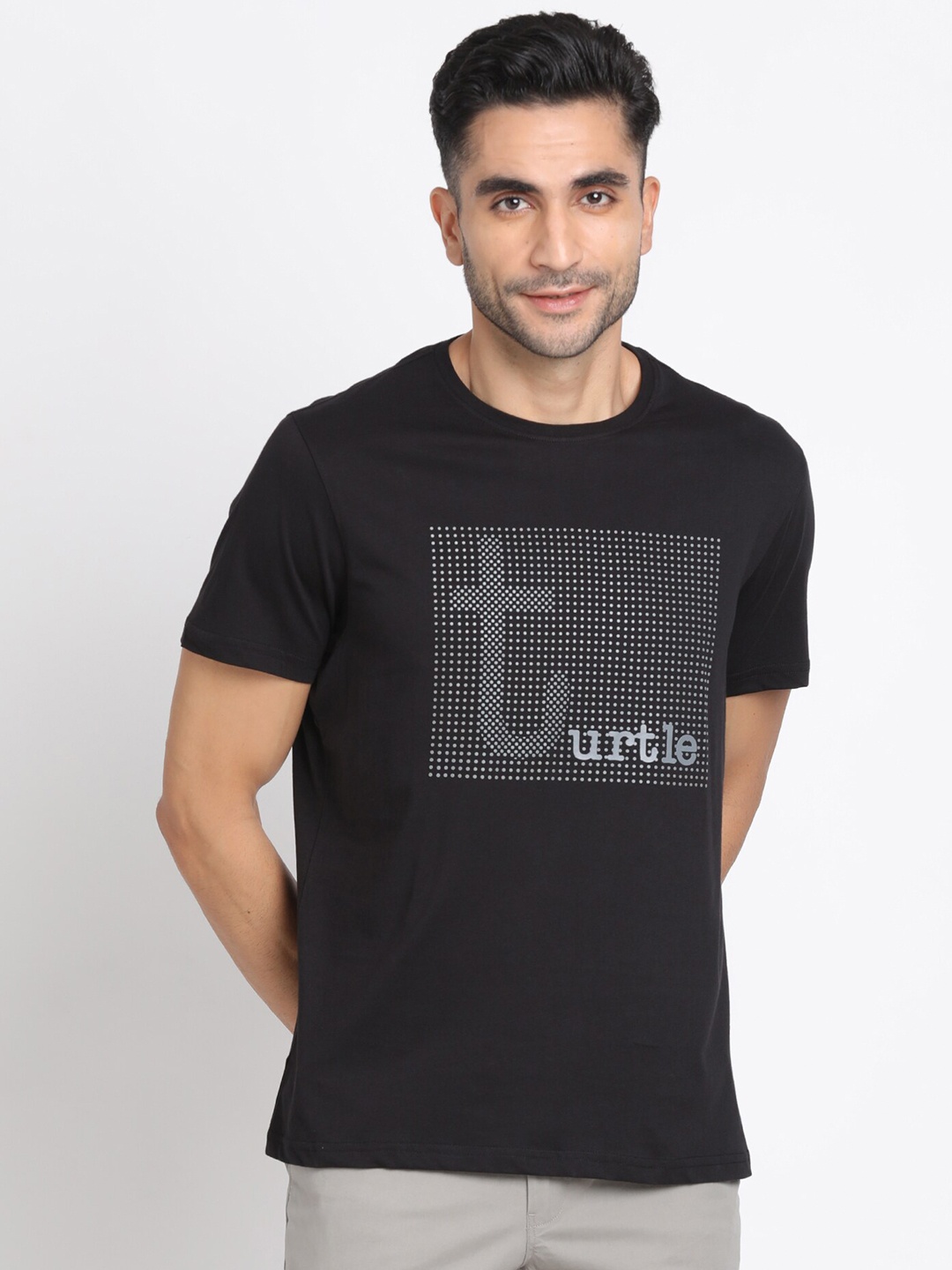 Turtle Typography Printed Slim Fit Cotton T-shirt, Black
