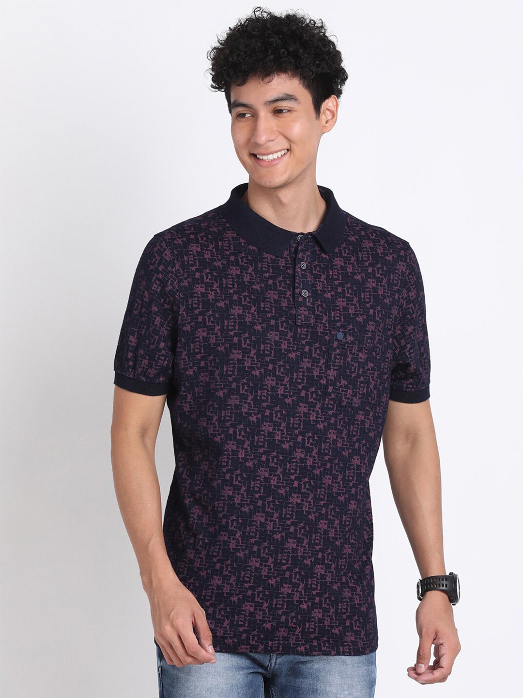 

Turtle Abstract Printed Polo Collar Slim Fit Pure Cotton T-shirt, Navy blue