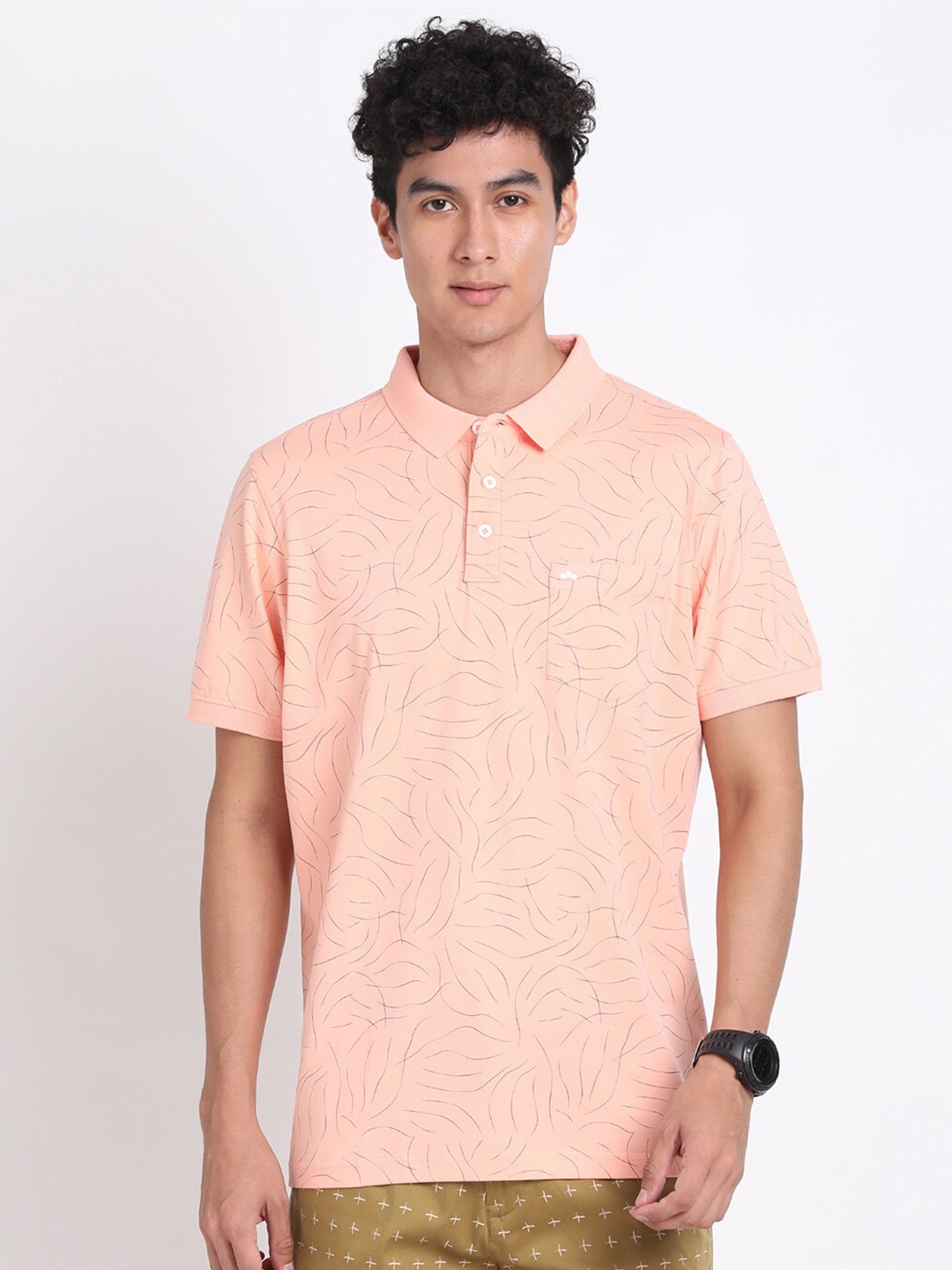 

Turtle Floral Printed Polo Collar Slim Fit T-shirt, Peach